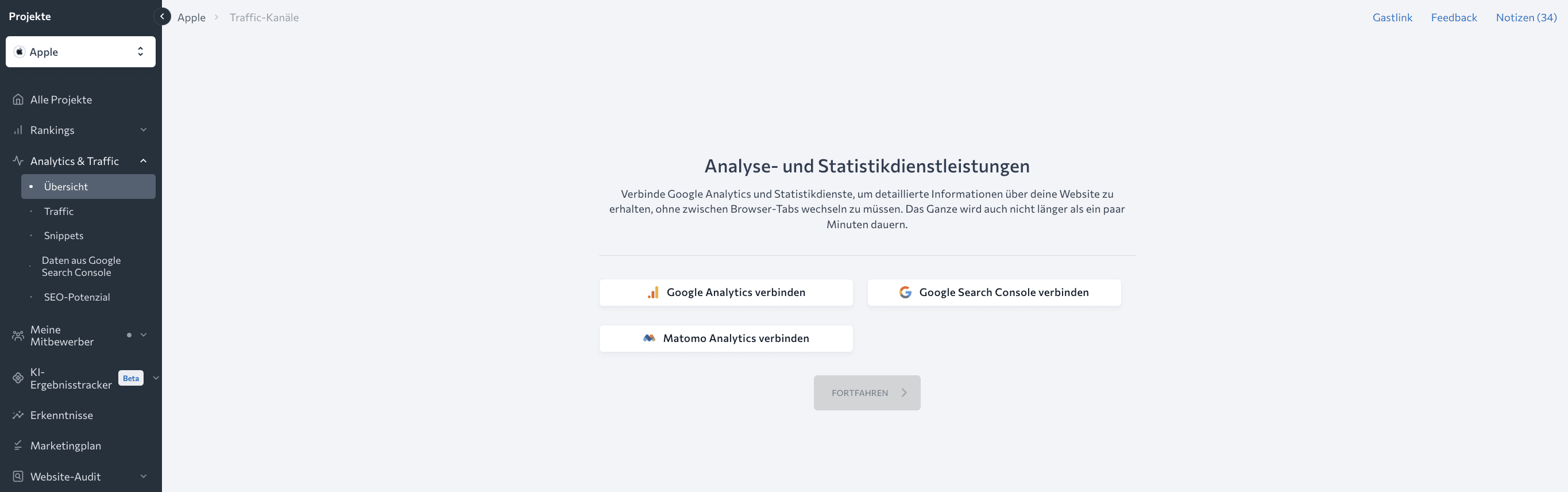 Verbindung von Google Search Console und Google Analytics mit dem SE Ranking