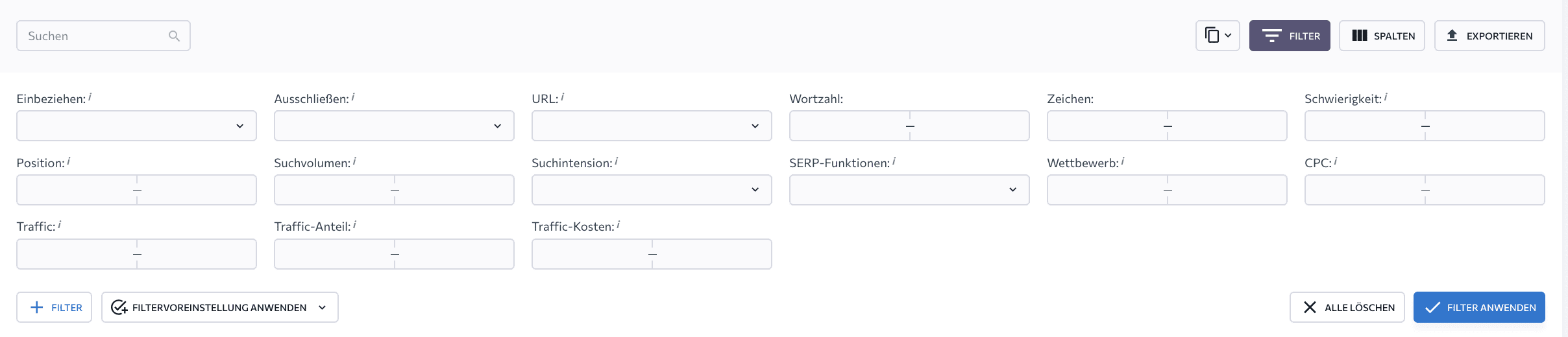 Filtern von Daten in der Wettbewerbsanalyse