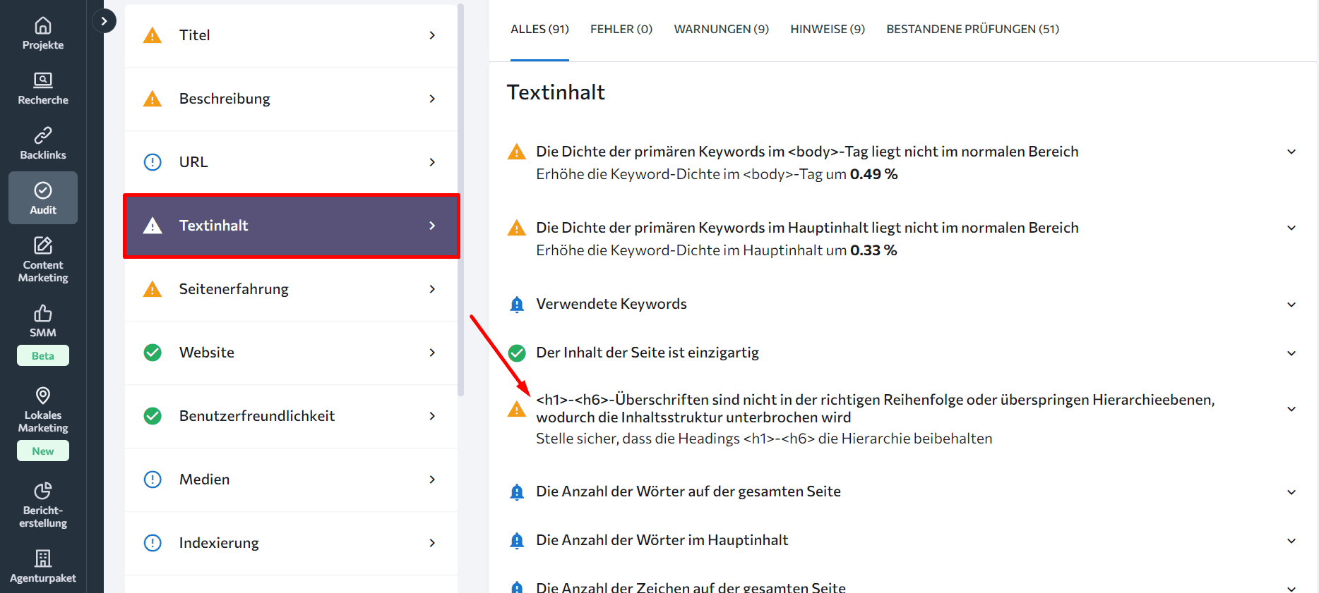 Wie man Textinhalte in On-Page SEO Checker analysiert
