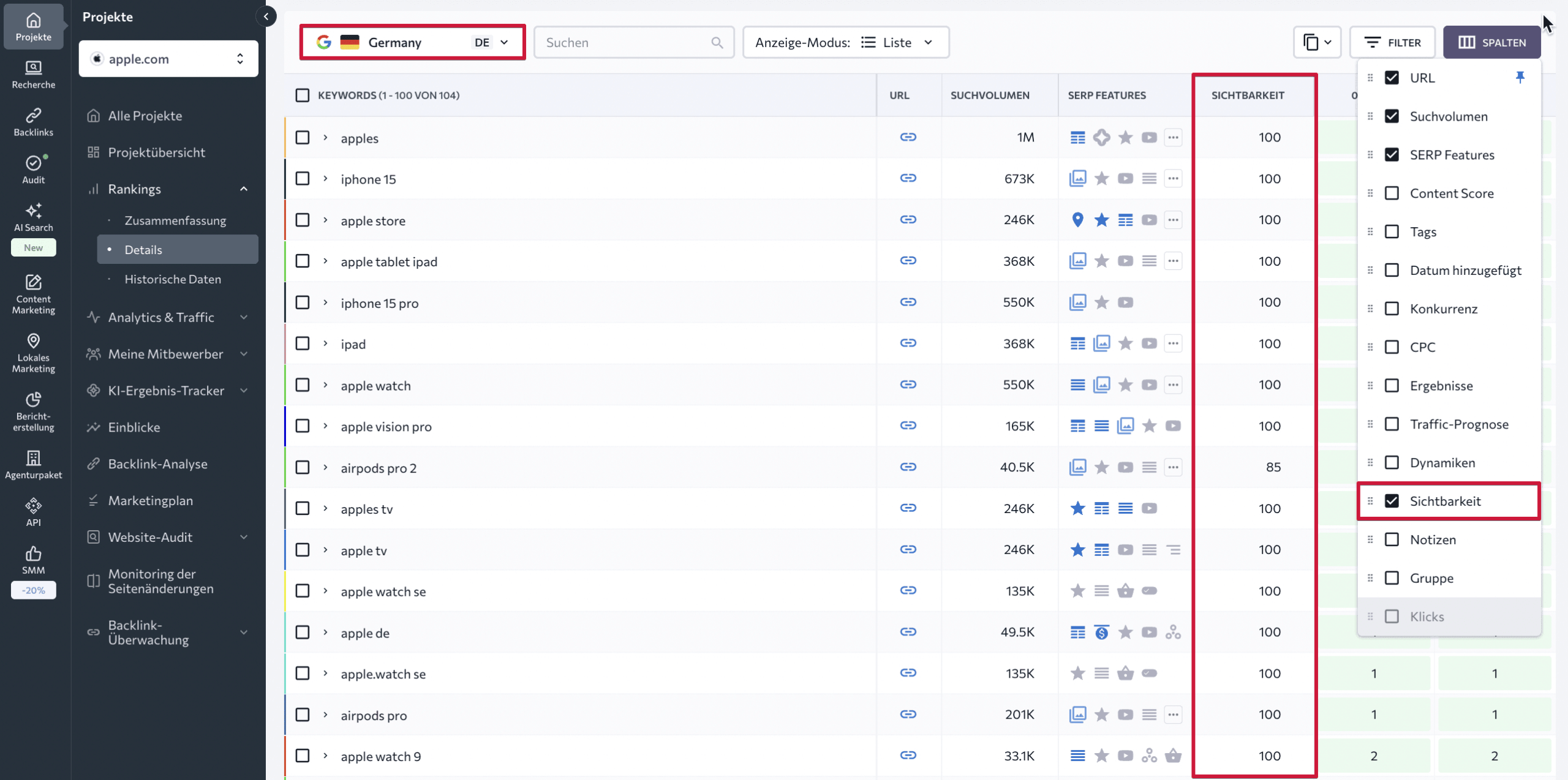 Sichtbarkeit einzelner Keywords in SE Ranking über die Spalteneinstellungen einblenden SE Ranking Keyword-Tabelle mit eingeblendeter Sichtbarkeitsspalte und geöffneten Spalteneinstellungen