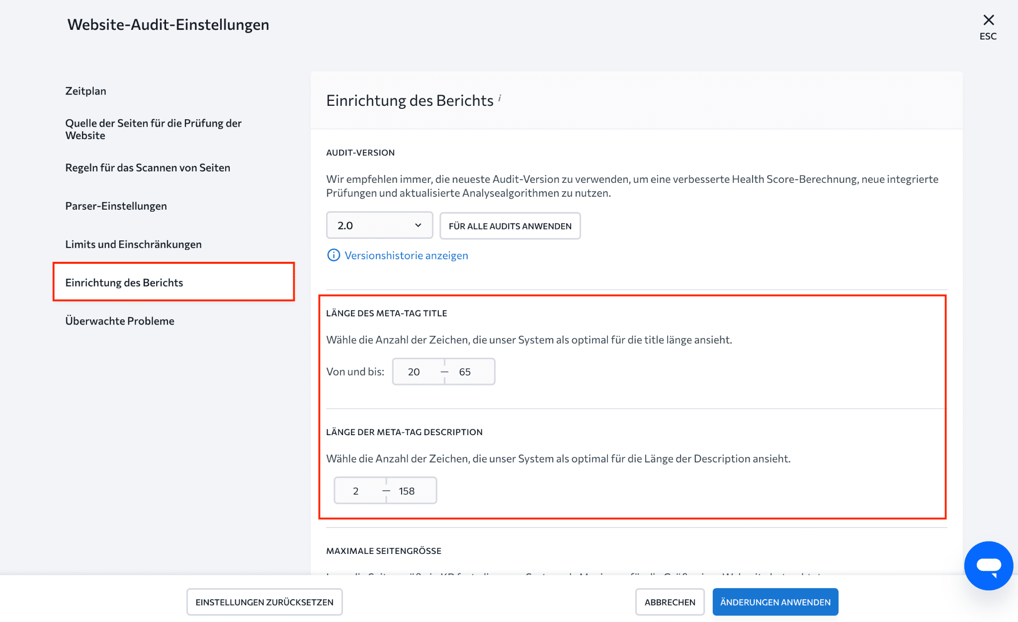 Einrichtung des Website-Audits