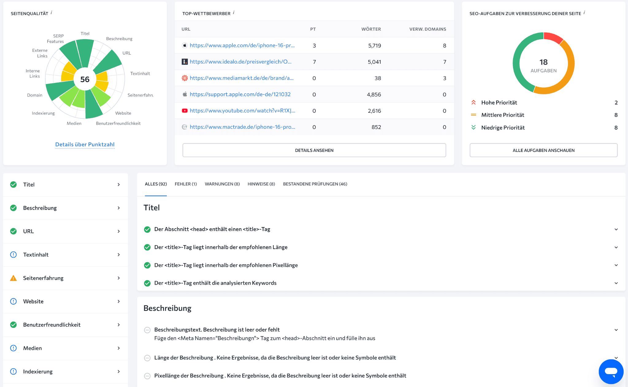 Überblick über On-Page SEO Checker
