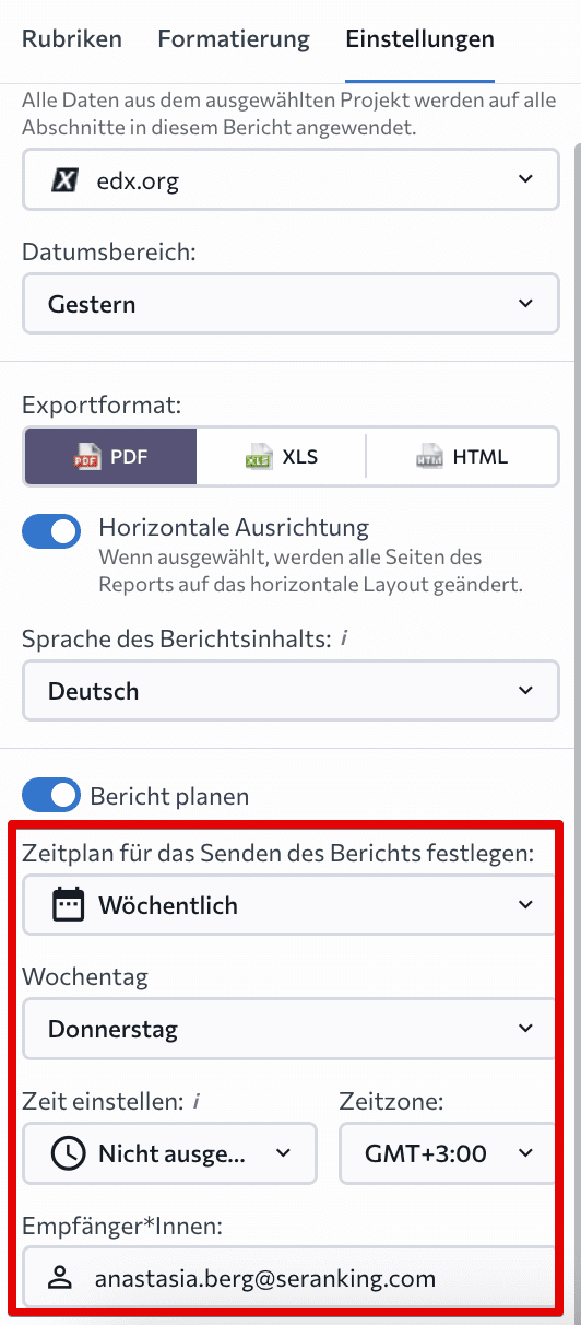 Automatisierte Berichterstattung im SE Ranking