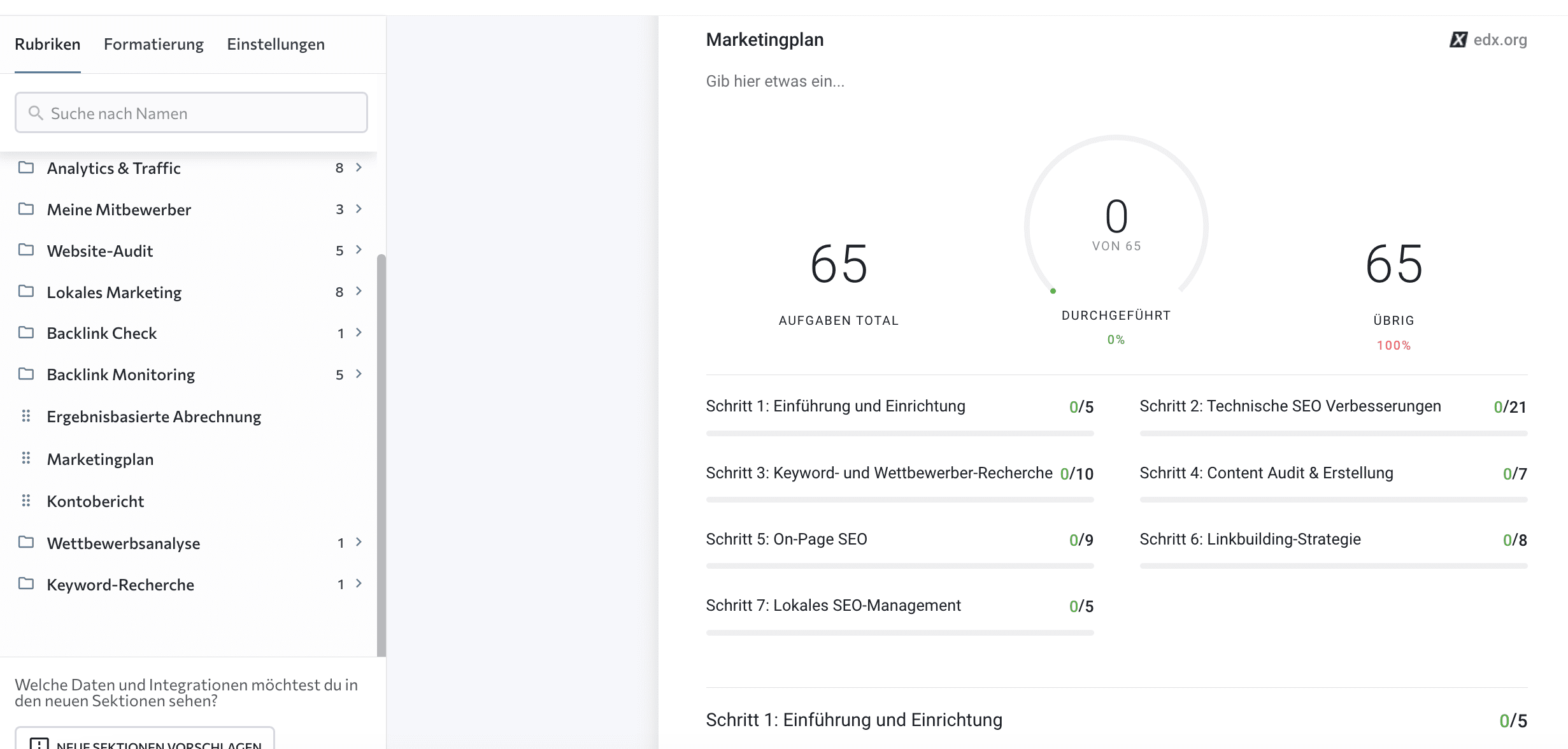 Das SEO-Marketingplan-Modul von SE Ranking im Report Builder