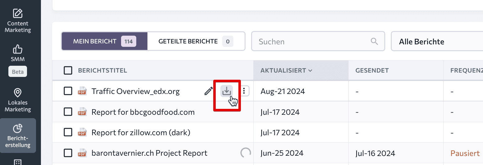 Herunterladen von PDF-Berichten in SE Ranking