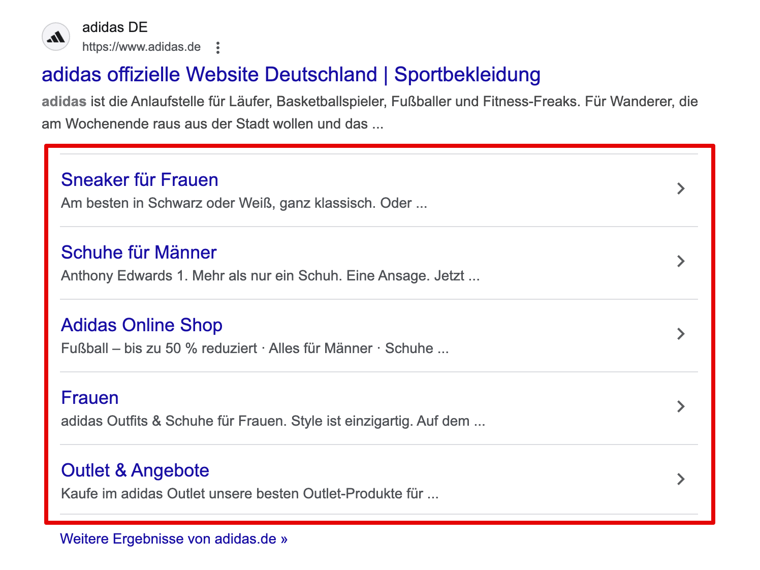 Sitelinks Snippet am Beispiel von adidas