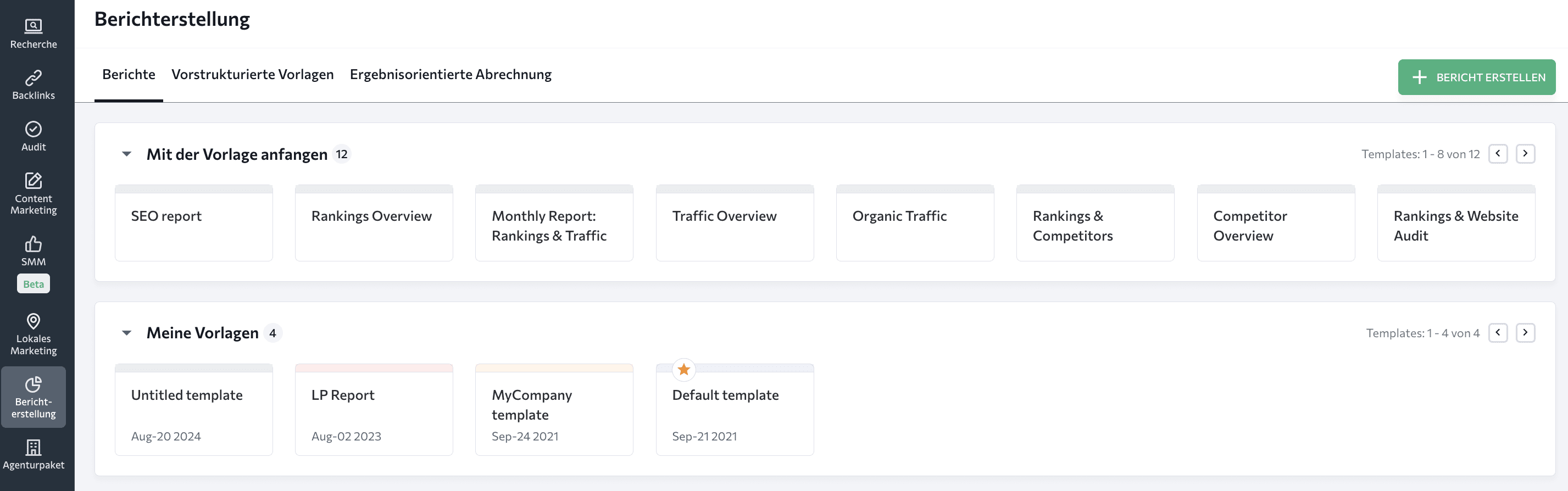 Vollständige Liste der Vorlagen im Report Builder von SE Ranking