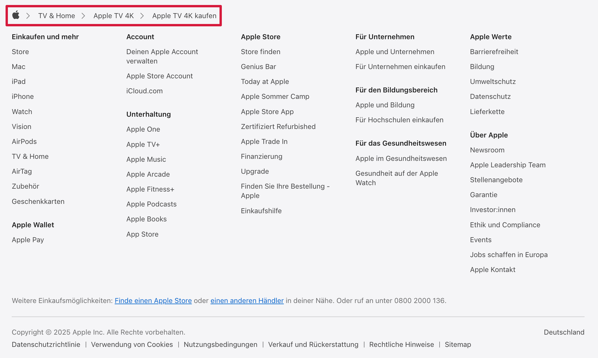 Brotkrumennavigation auf der Apple-Website