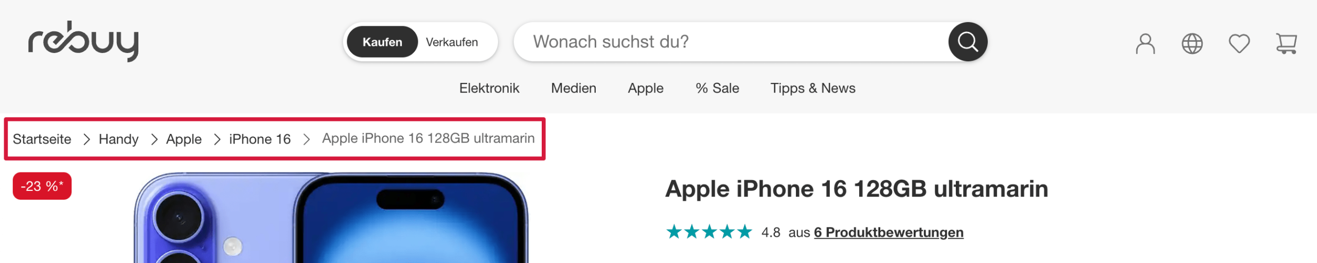 Beispiel für Brotkrumen auf der Rebuy-Website