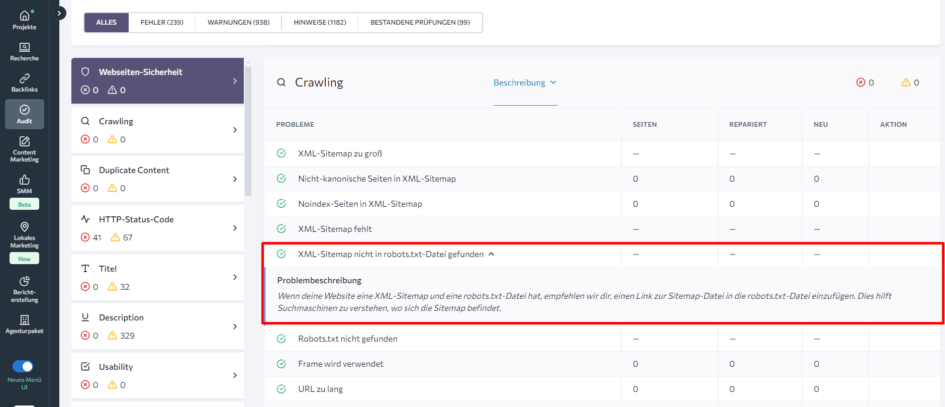 XML-Sitemap nicht im robots.txt-Dateistatus gefunden