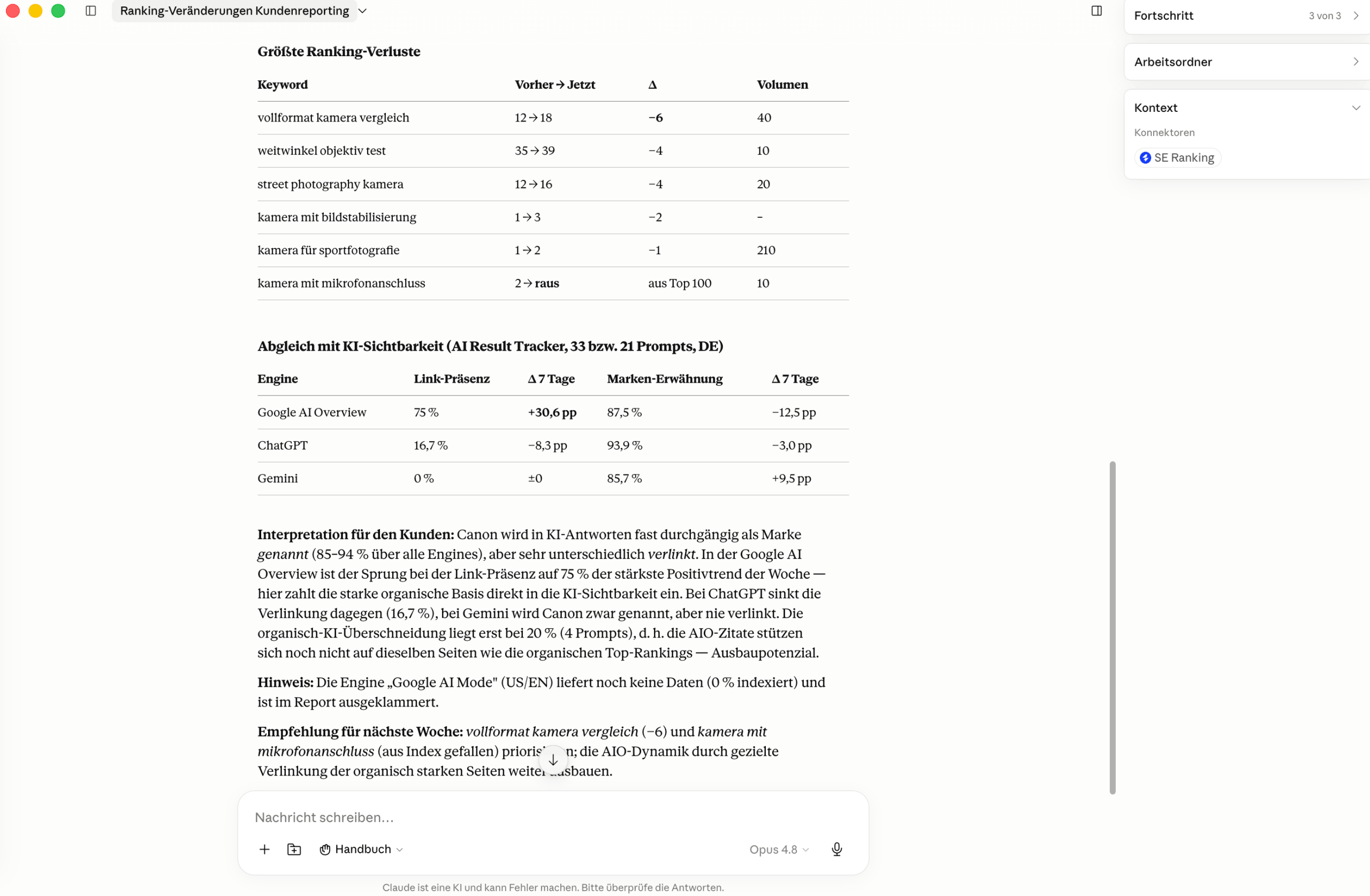 Ranking-Veränderungen Kundenreporting mit SE Ranking MCP Ranking-Veränderungen Kundenreporting