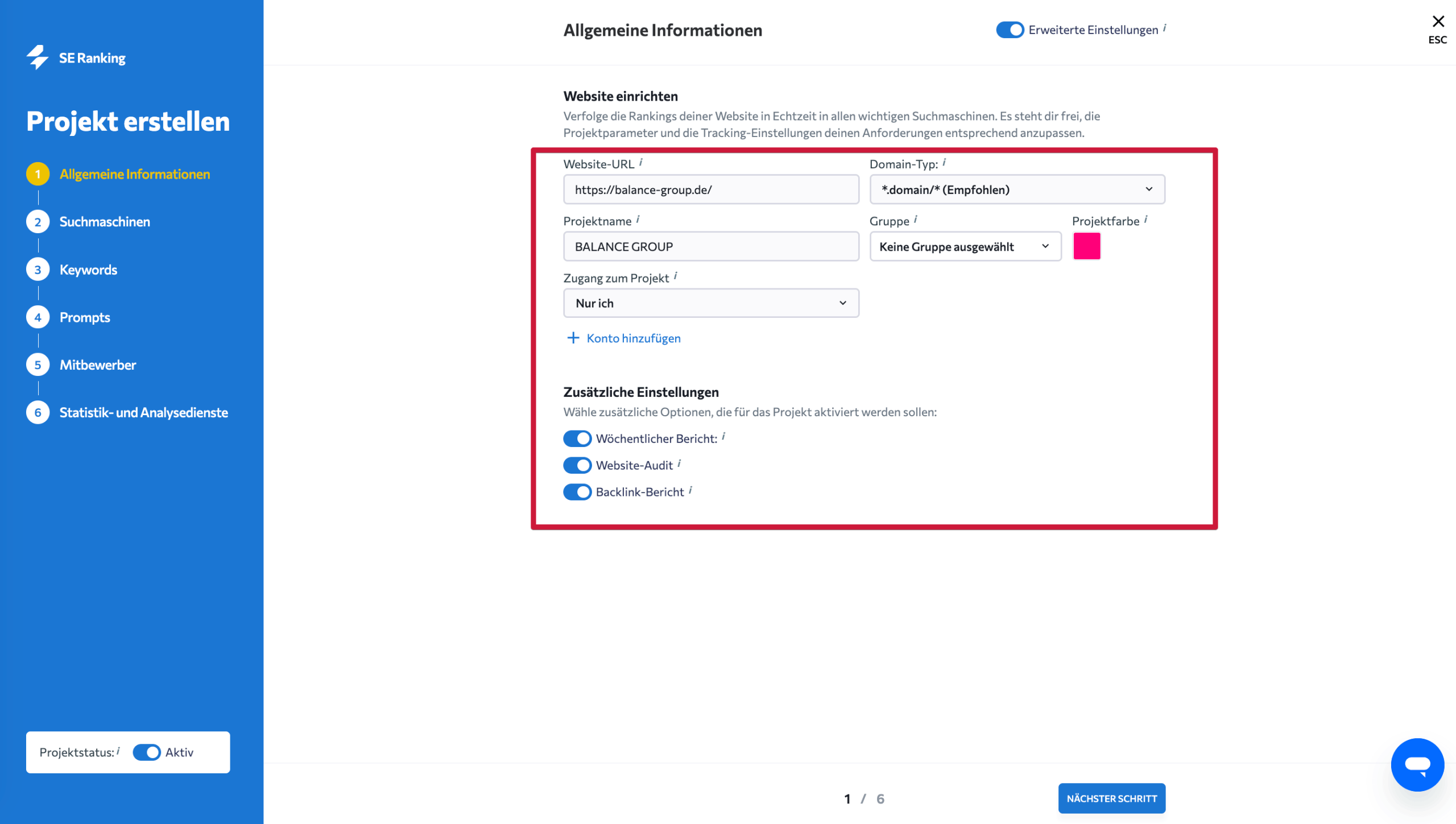 Projekt in SE Ranking erstellen Neues Projekt in SE Ranking
