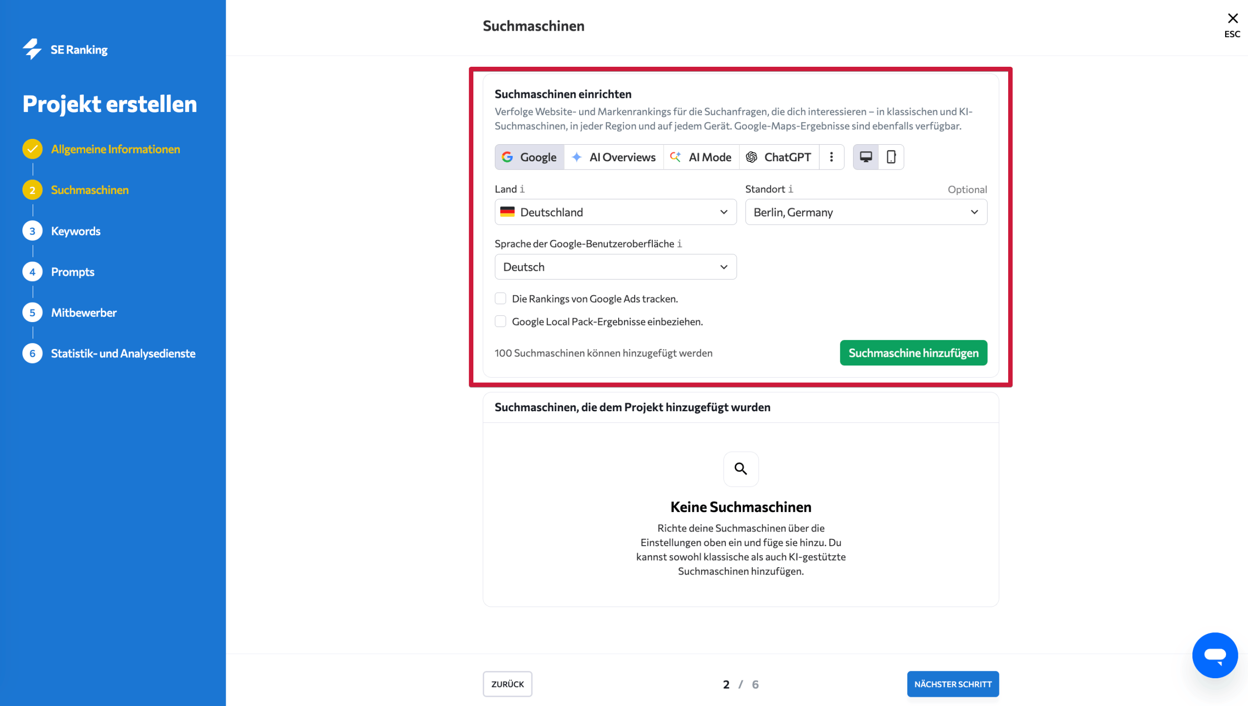 Suchmaschinenauswahl in SE Ranking Suchmaschine in SE Ranking hinzufügen