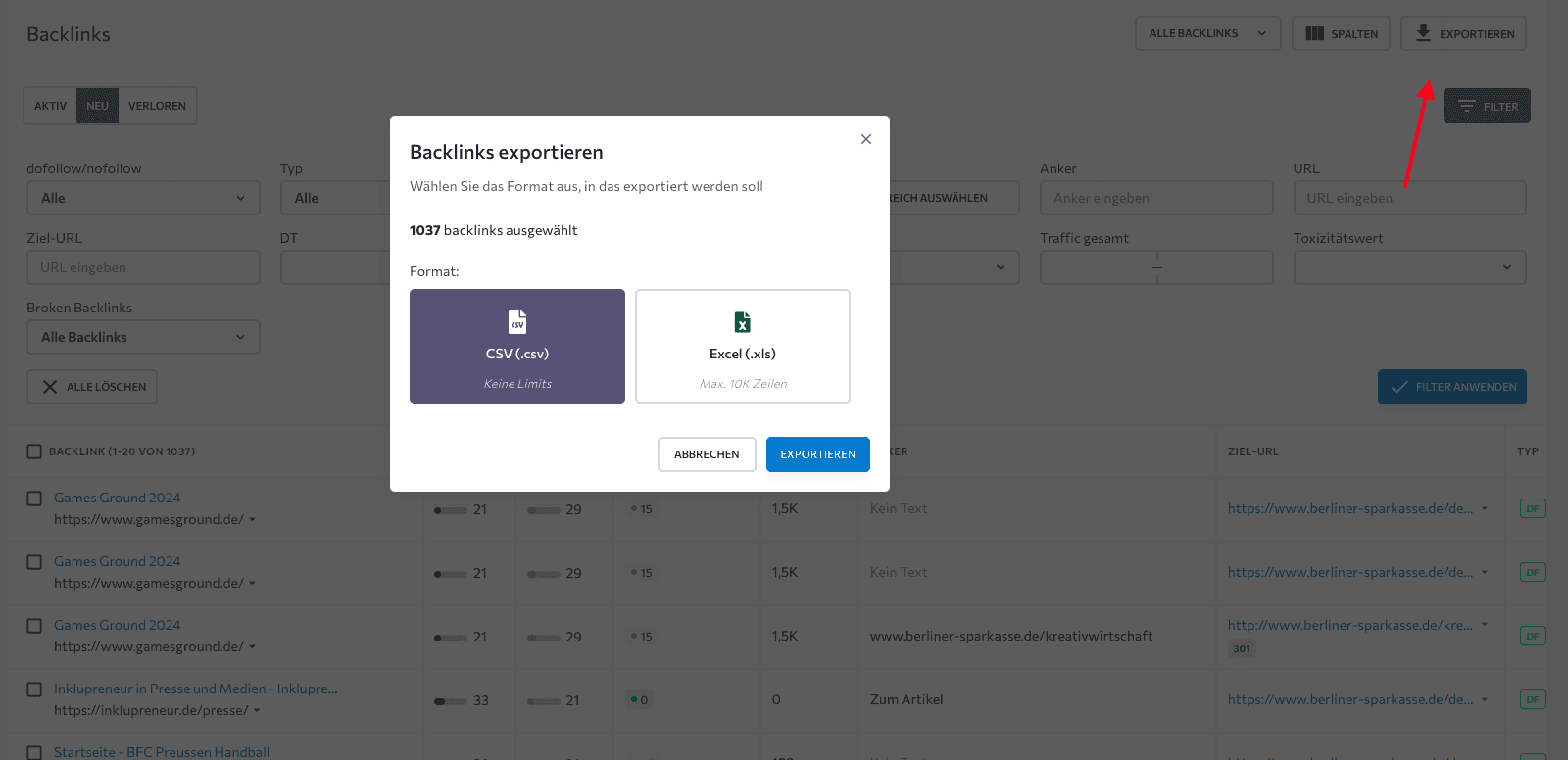 Backlinks exportieren