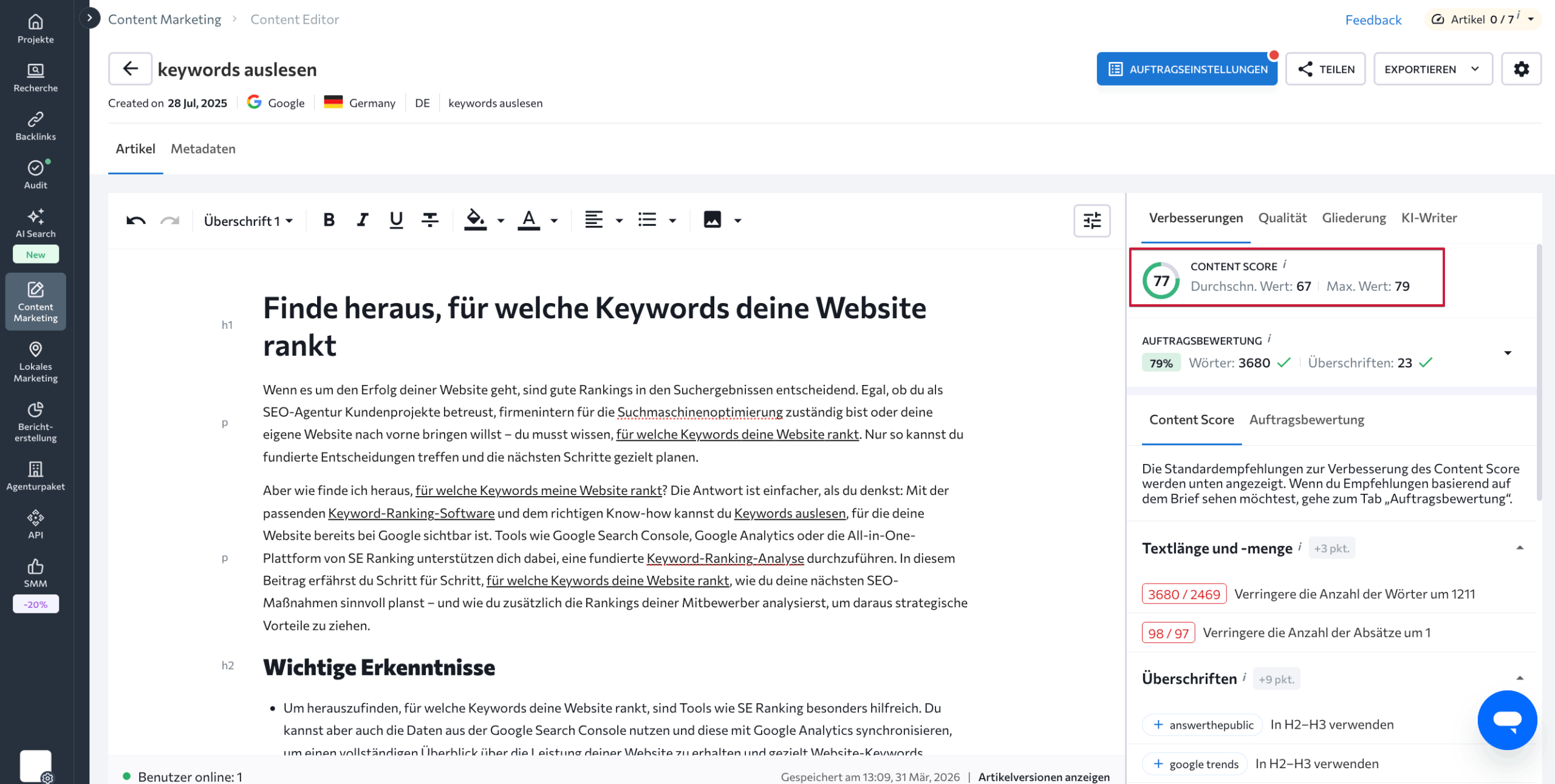 Content-Score mit SE Ranking prüfen Content-Score in SE Ranking