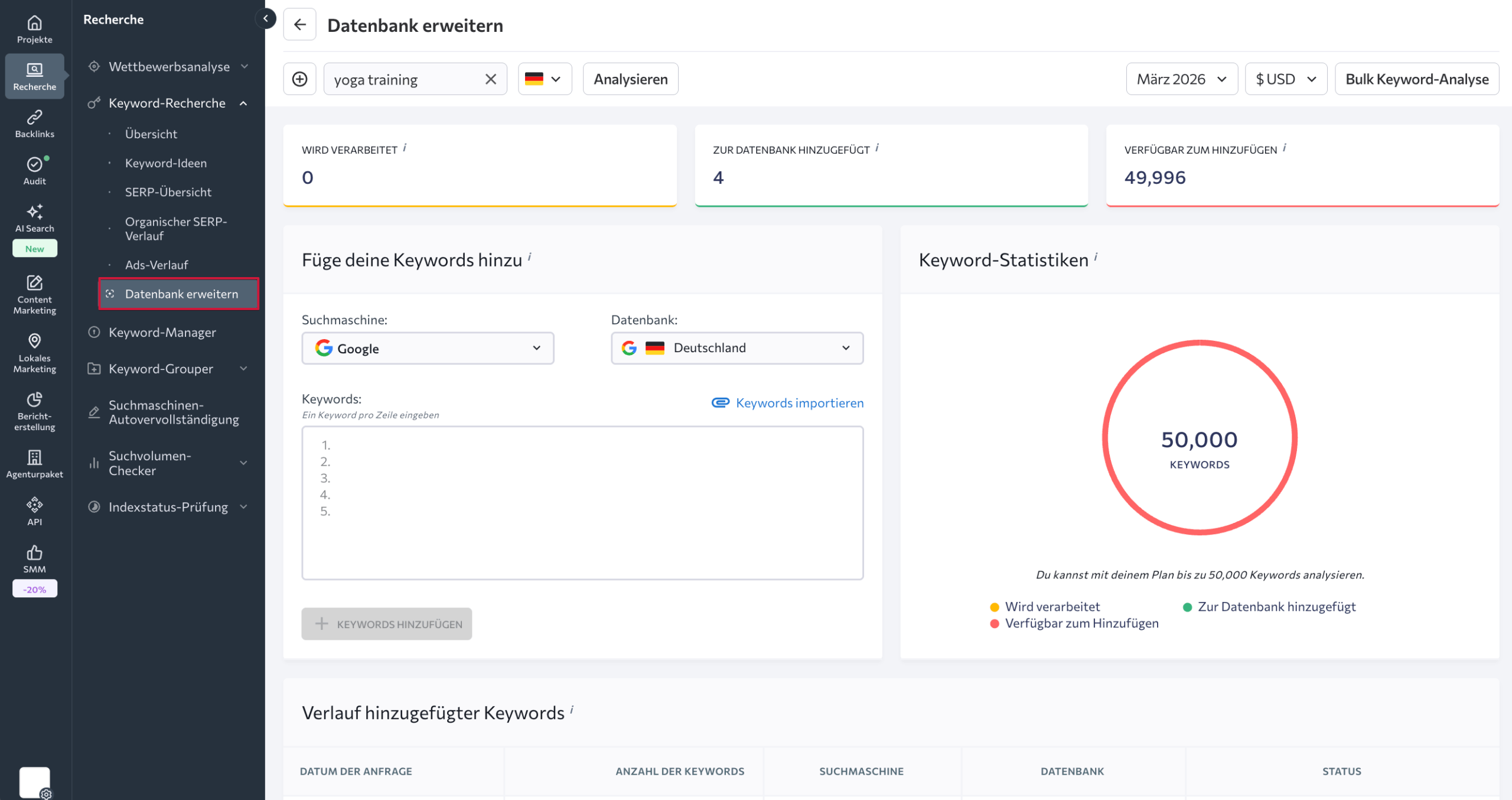 Keyword-Datenbank erweitern Keyword-Datenbank in SE Ranking erweitern
