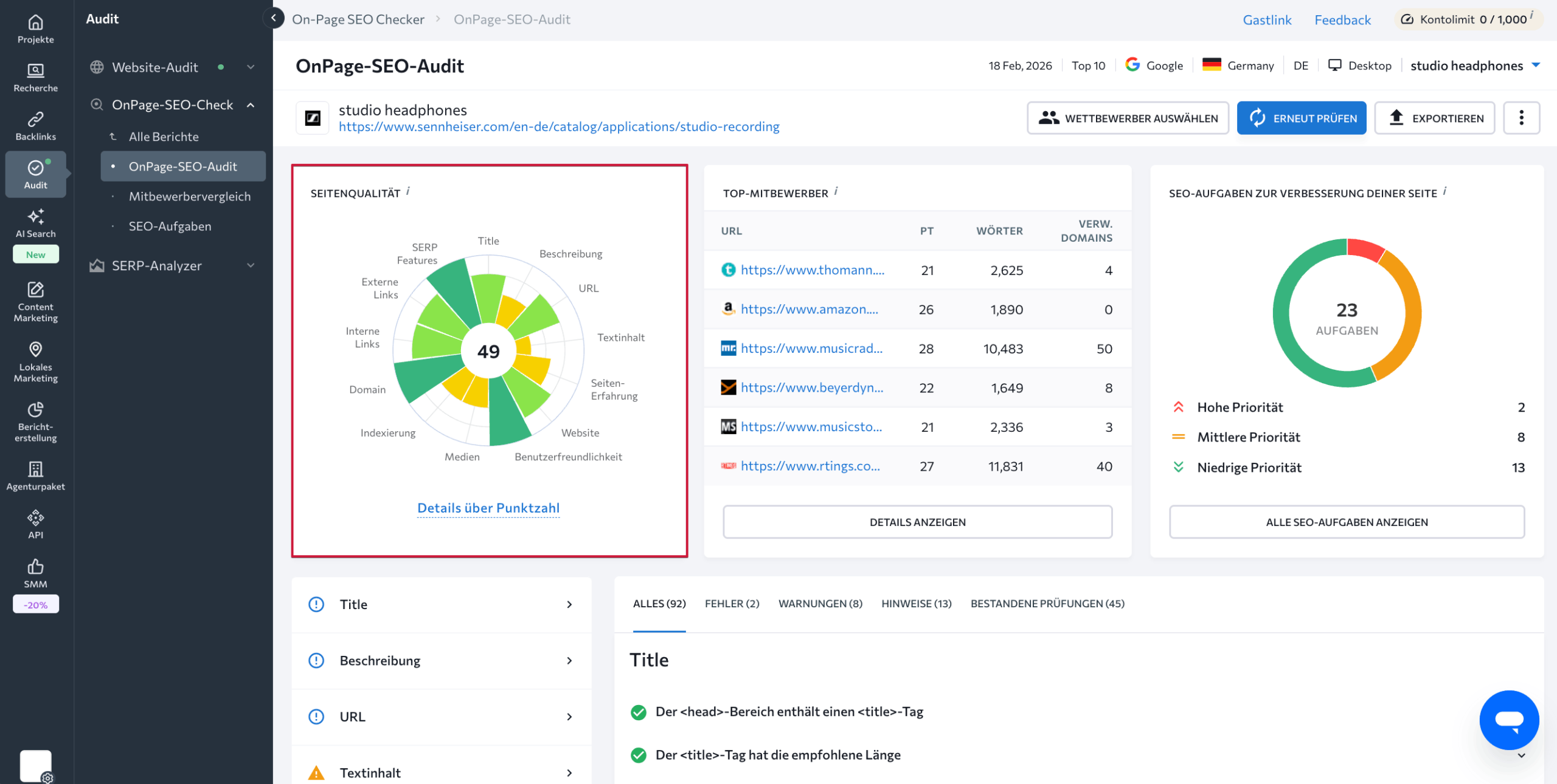 Seitenqualitätswert mit SE Ranking prüfen Seitenqualitätswert in SE Ranking