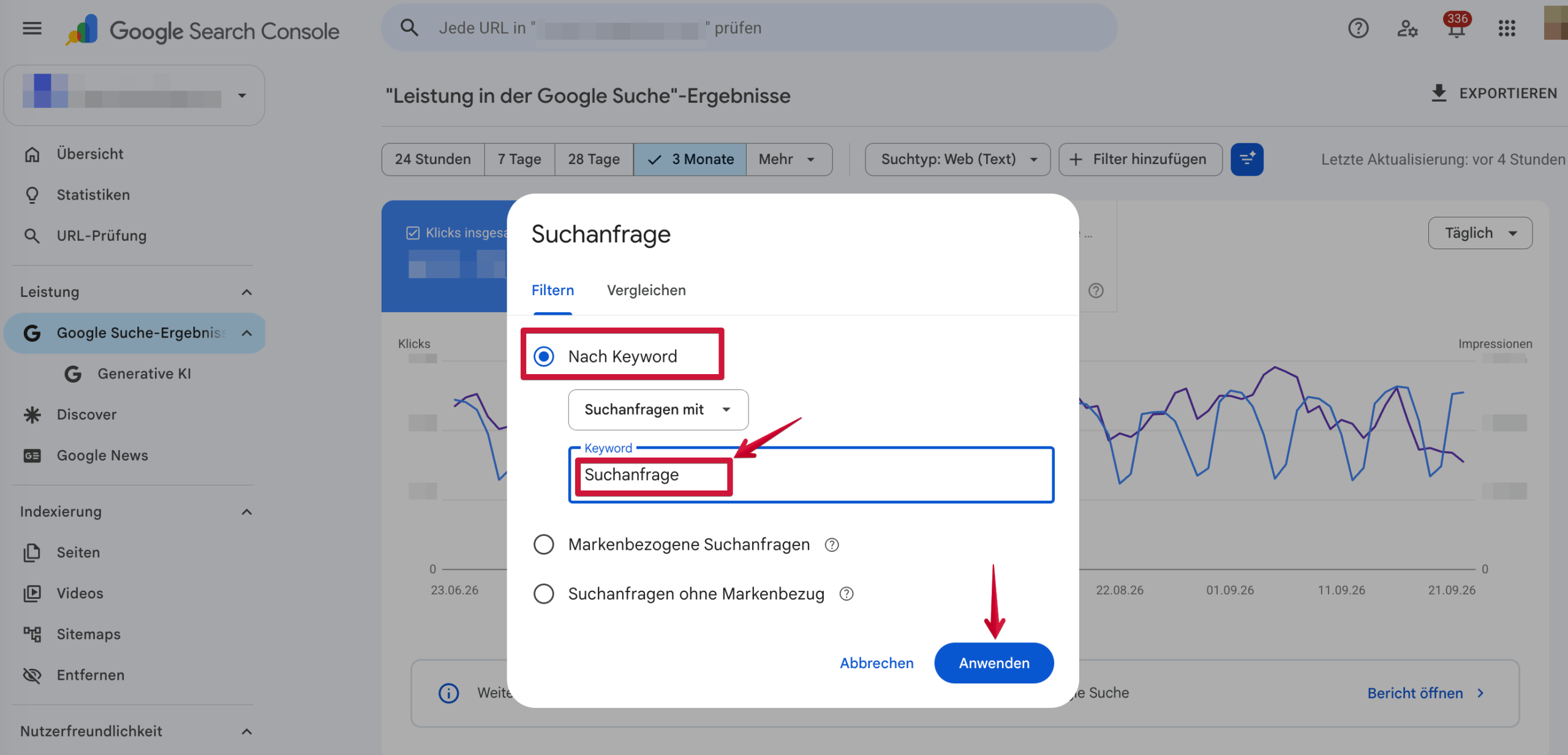 Suchanfrage in der GSC eingeben Suchanfrage in der GSC eingeben, um Keywords zu filtern
