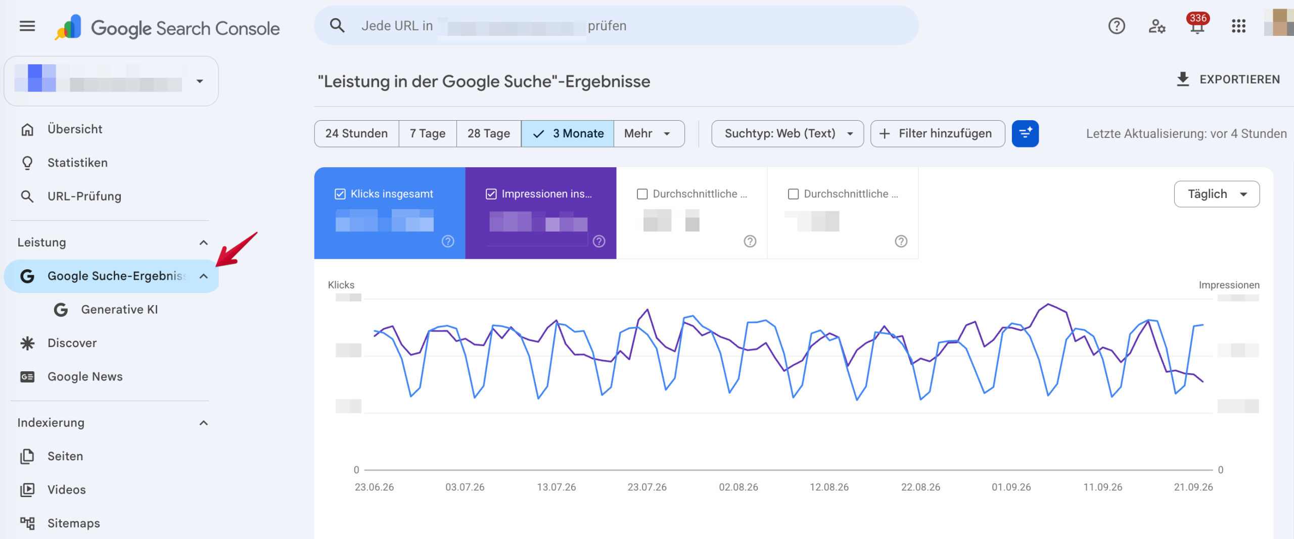 Tab „Google Suche Ergebnisse“ in der GSC Tab „Google Suche Ergebnisse“ in der Google Search Console