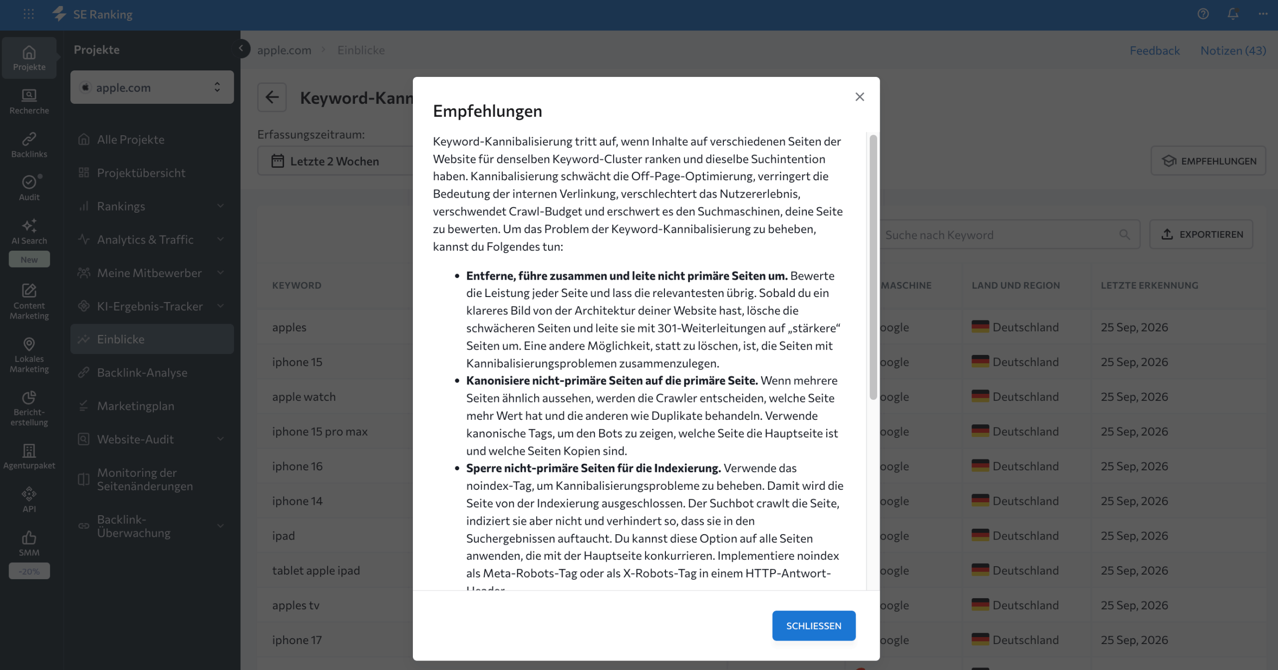 Empfehlungen des Insights-Tools zur Behebung von Keyword-Kannibalisierung Empfehlungen zur Behebung von Keyword-Kannibalisierung im Insights-Tool von SE Ranking