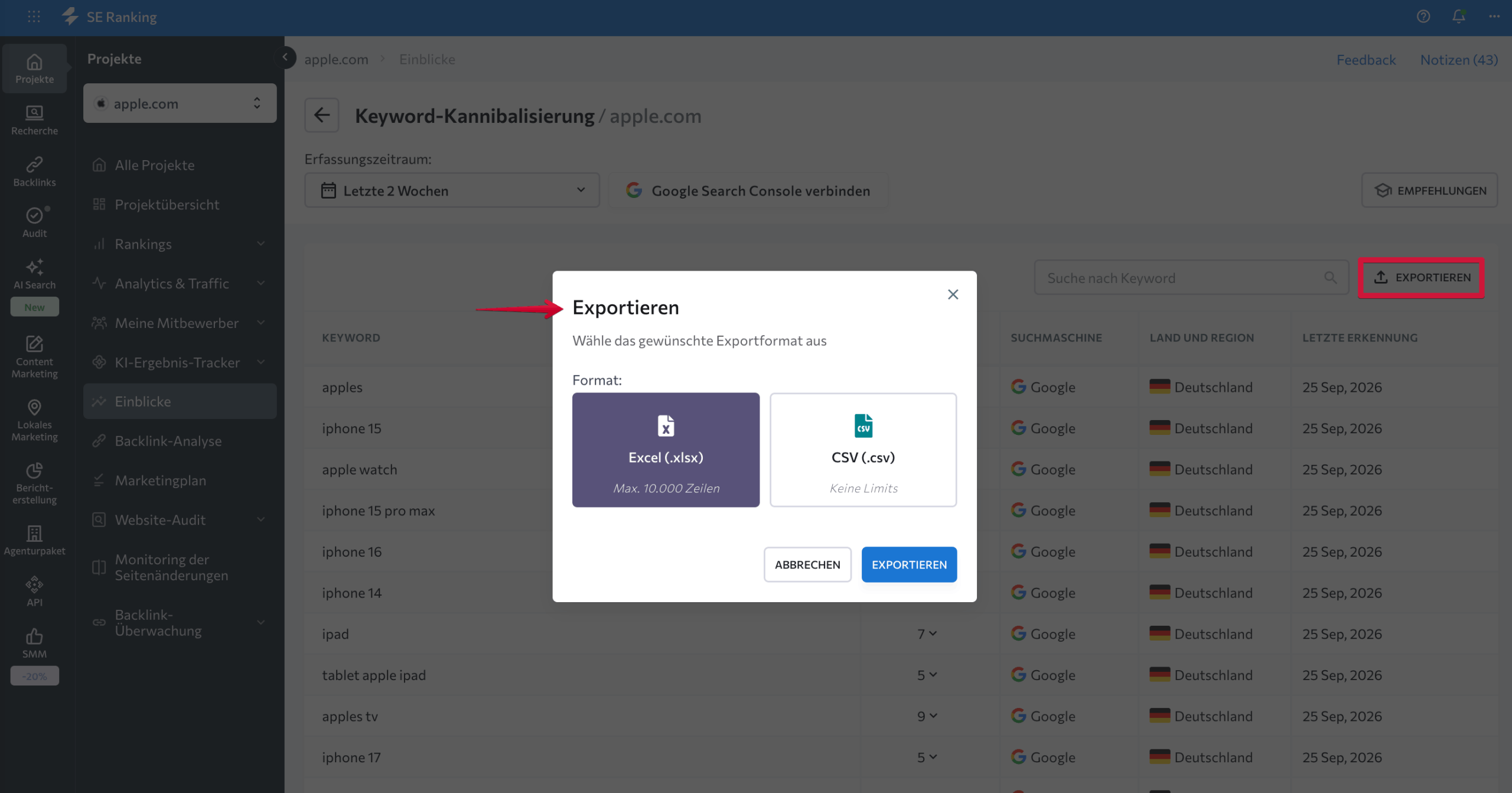 Daten zur Keyword-Kannibalisierung exportieren Exportoptionen des Kannibalisierungsberichts im Insights-Tool von SE Ranking