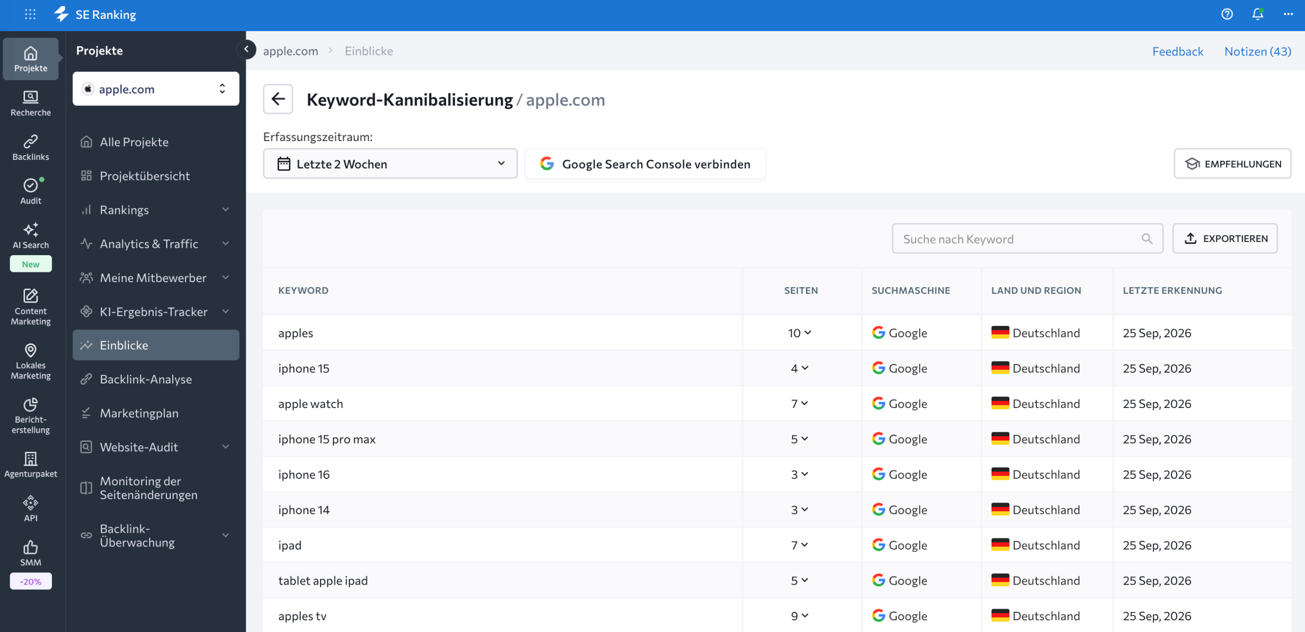 Daten zu allen Keywords mit Anzeichen von Kannibalisierung Bericht zur Keyword-Kannibalisierung im Insights-Tool von SE Ranking