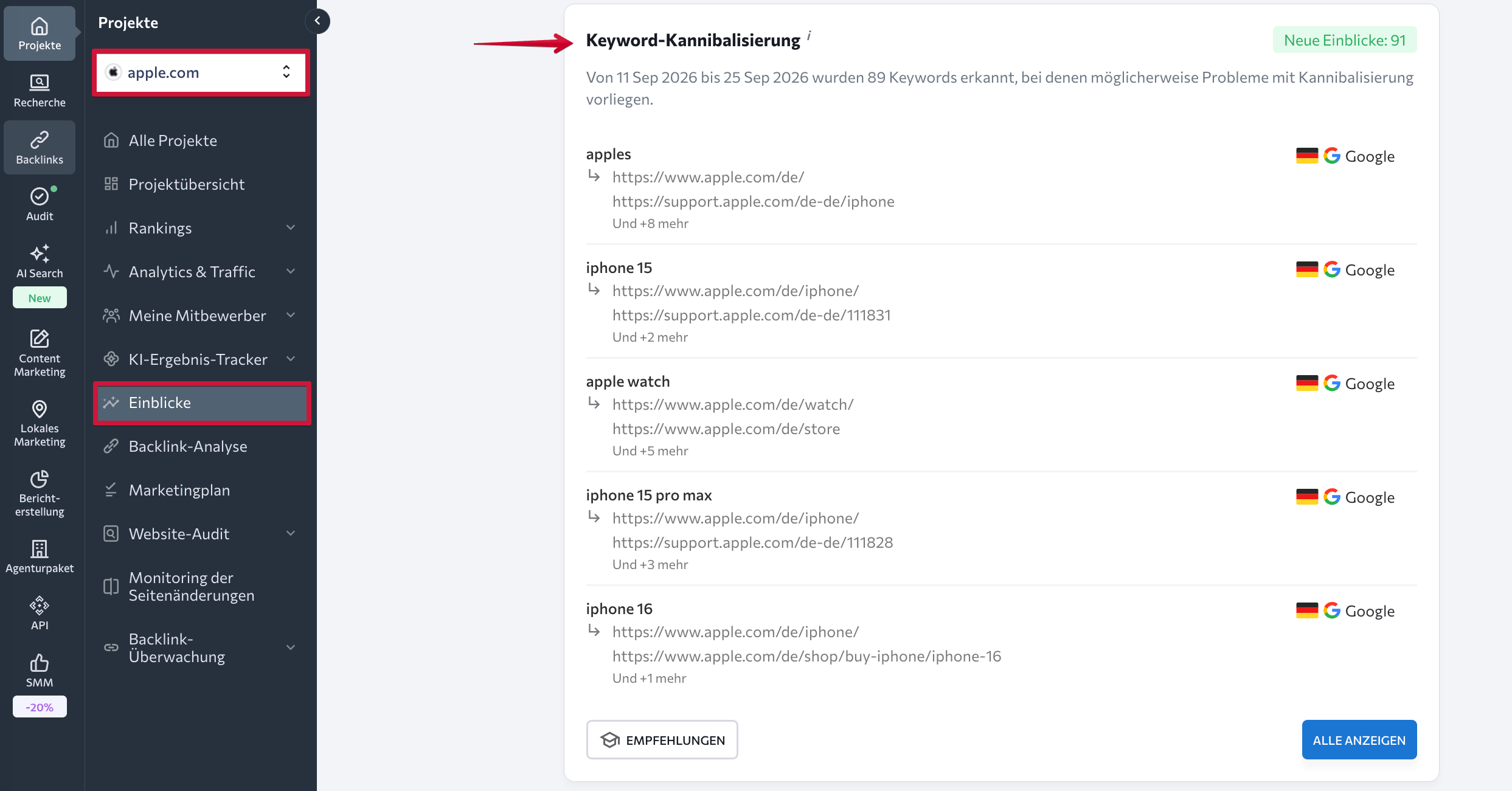 Keyword-Kannibalisierung im Insights-Tool von SE Ranking Das Insights-Tool von SE Ranking