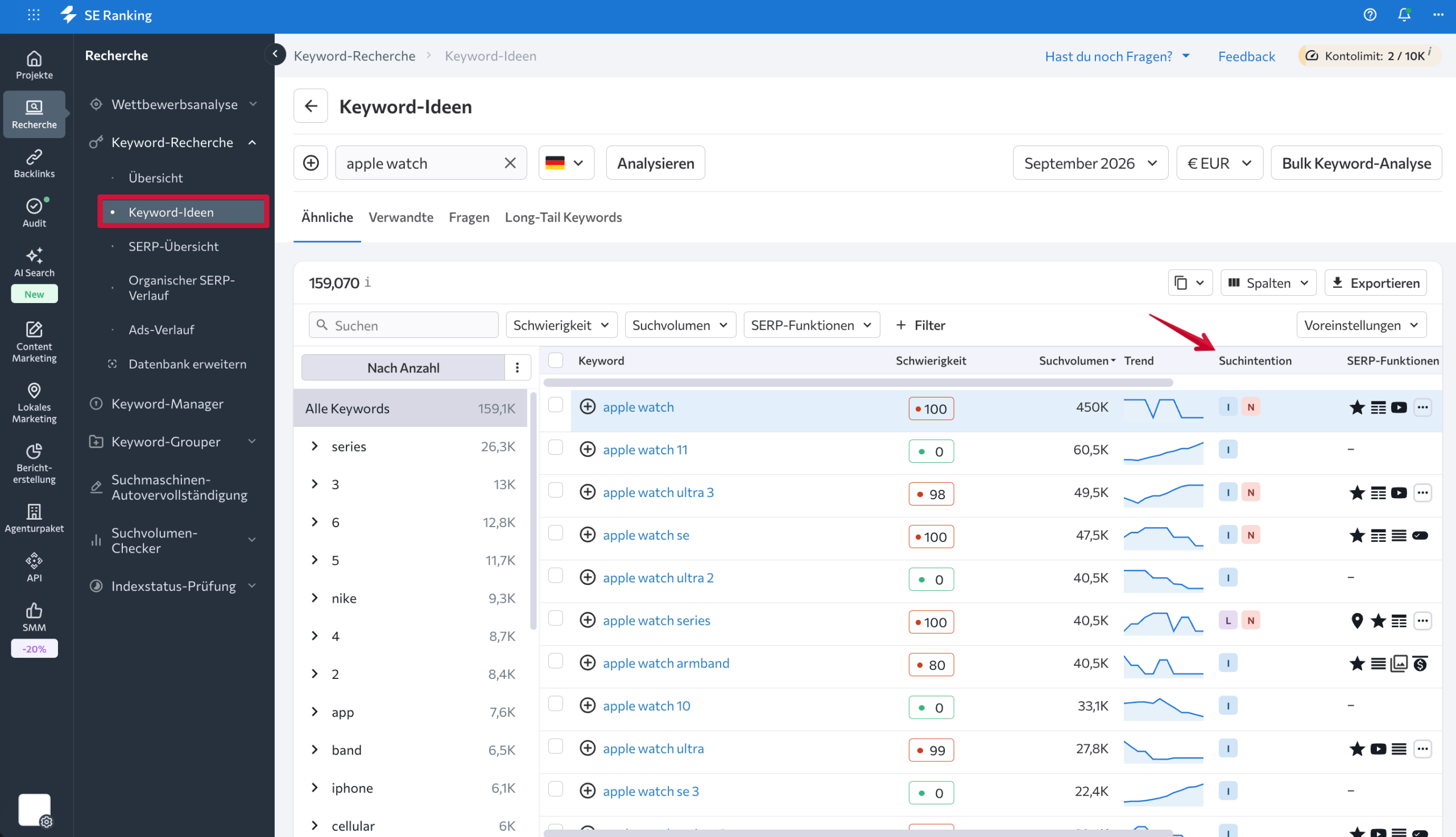 Suchintention der vorgeschlagenen Keywords Spalte „Suchintention“ im Bericht „Keyword-Ideen“ von SE Ranking