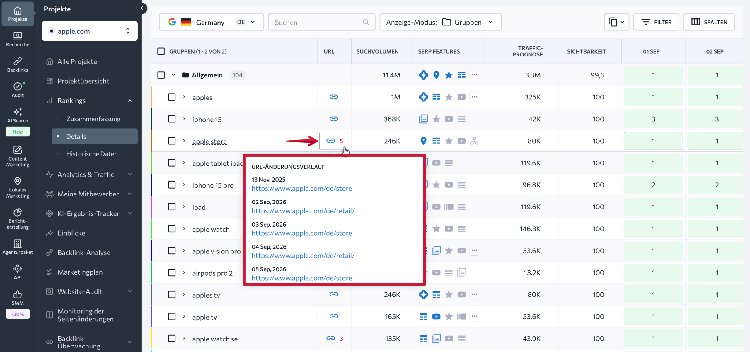 Mehrere Seiten ranken für dasselbe Keyword Mehrere rankende URLs für dasselbe Keyword im Rank Tracker von SE Ranking