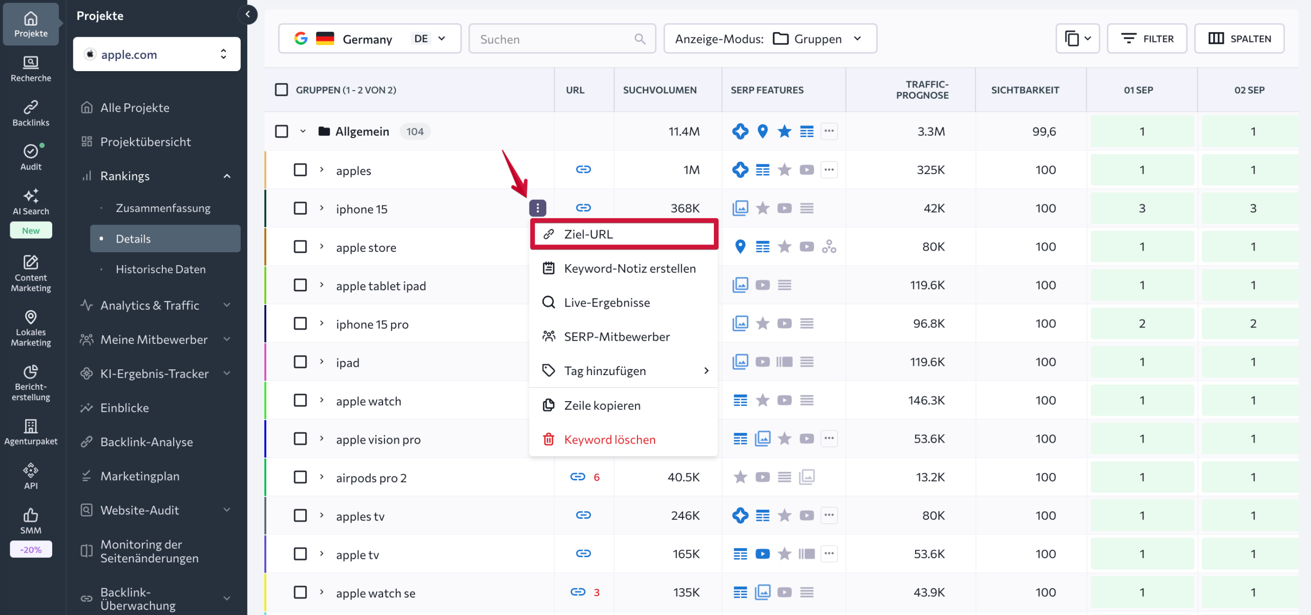 Ziel-URL für ein Keyword festlegen Ziel-URL für ein Keyword im Rank Tracker von SE Ranking hinzufügen