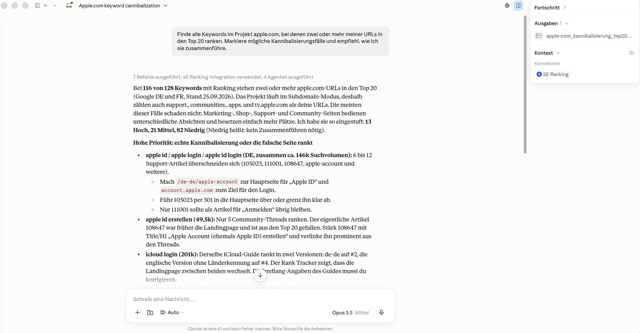 Kannibalisierung mit dem MCP von SE Ranking in Claude erkennen Der MCP von SE Ranking, verbunden mit Claude, zur Erkennung von Kannibalisierung