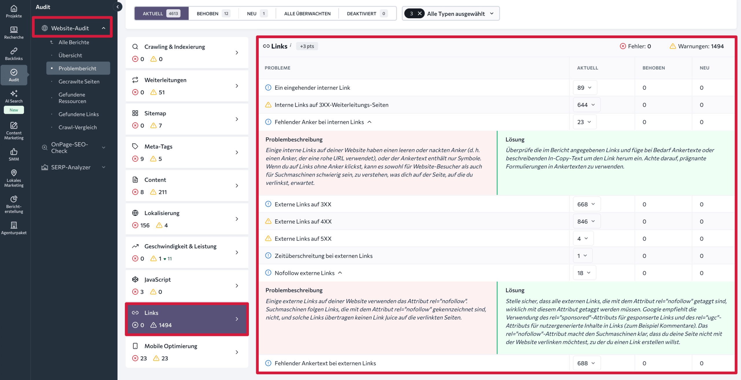 Abschnitt „Links“ im Website-Audit