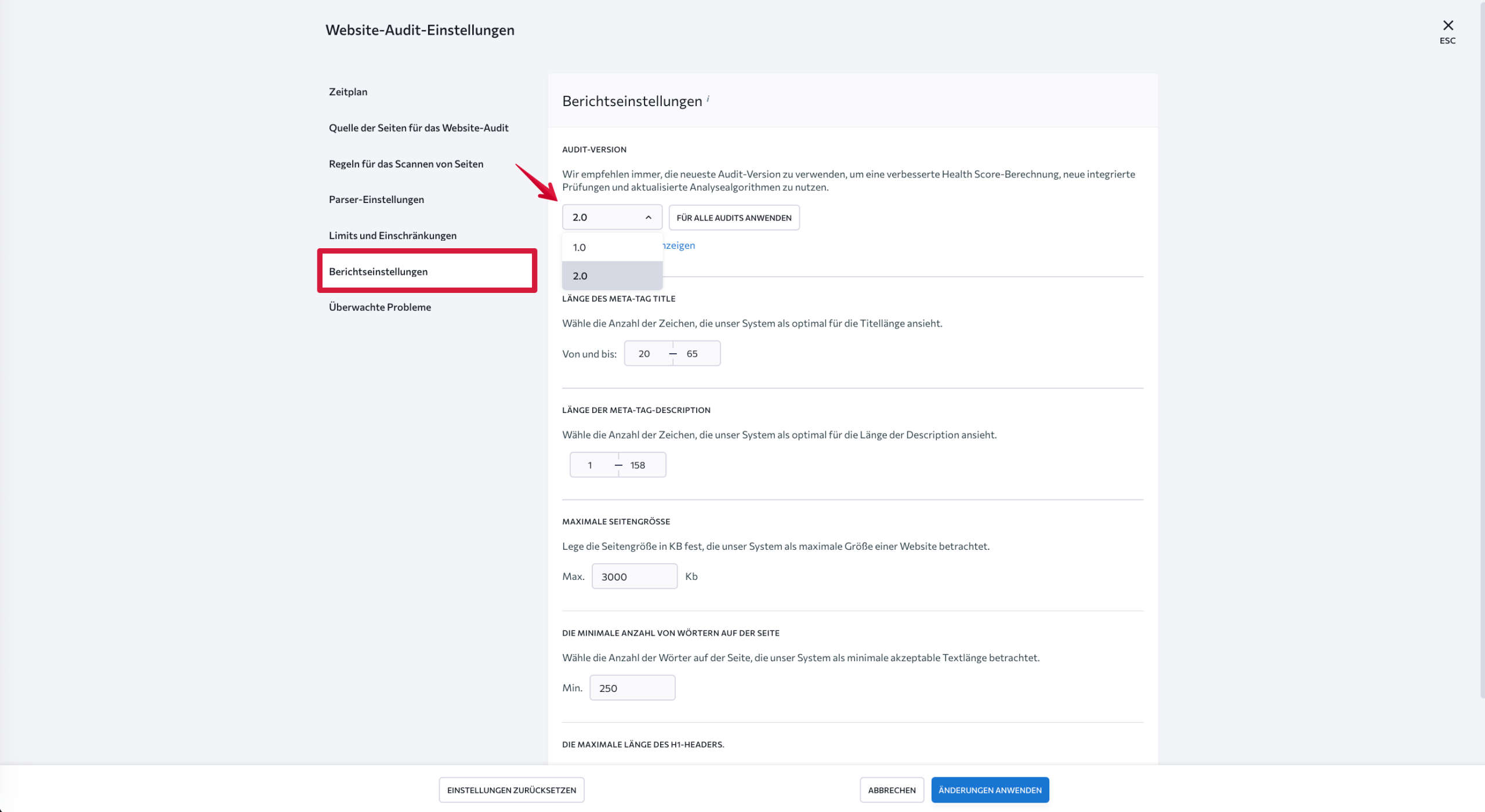 Audit-Version auswählen
