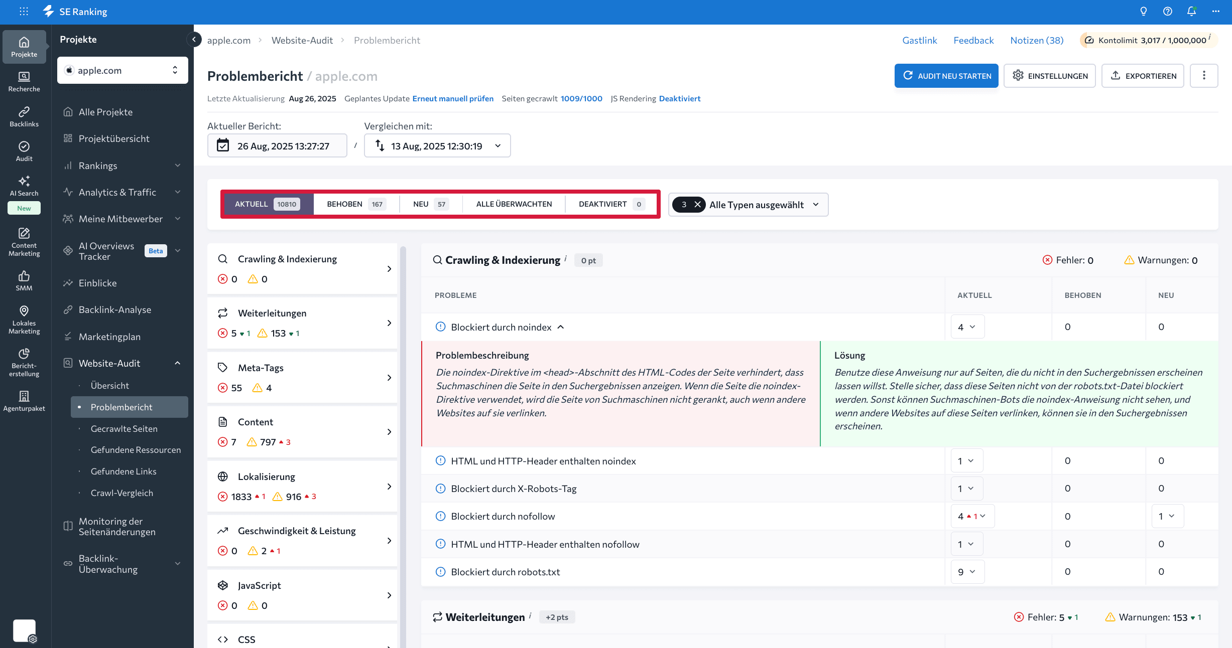 Audit-Filter für Probleme