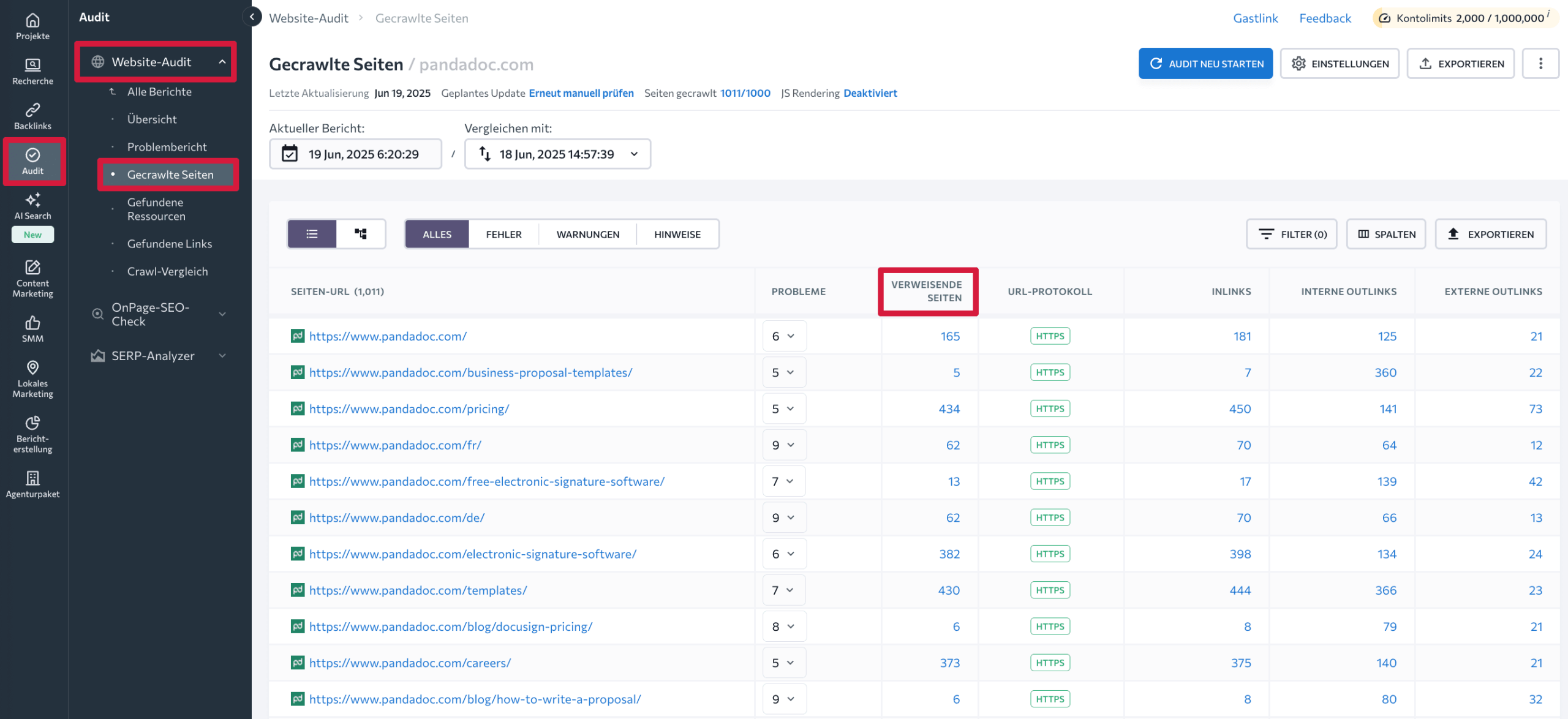 Bericht „Gecrawlte Seiten“ im Website-Audit-Tool von SE Ranking