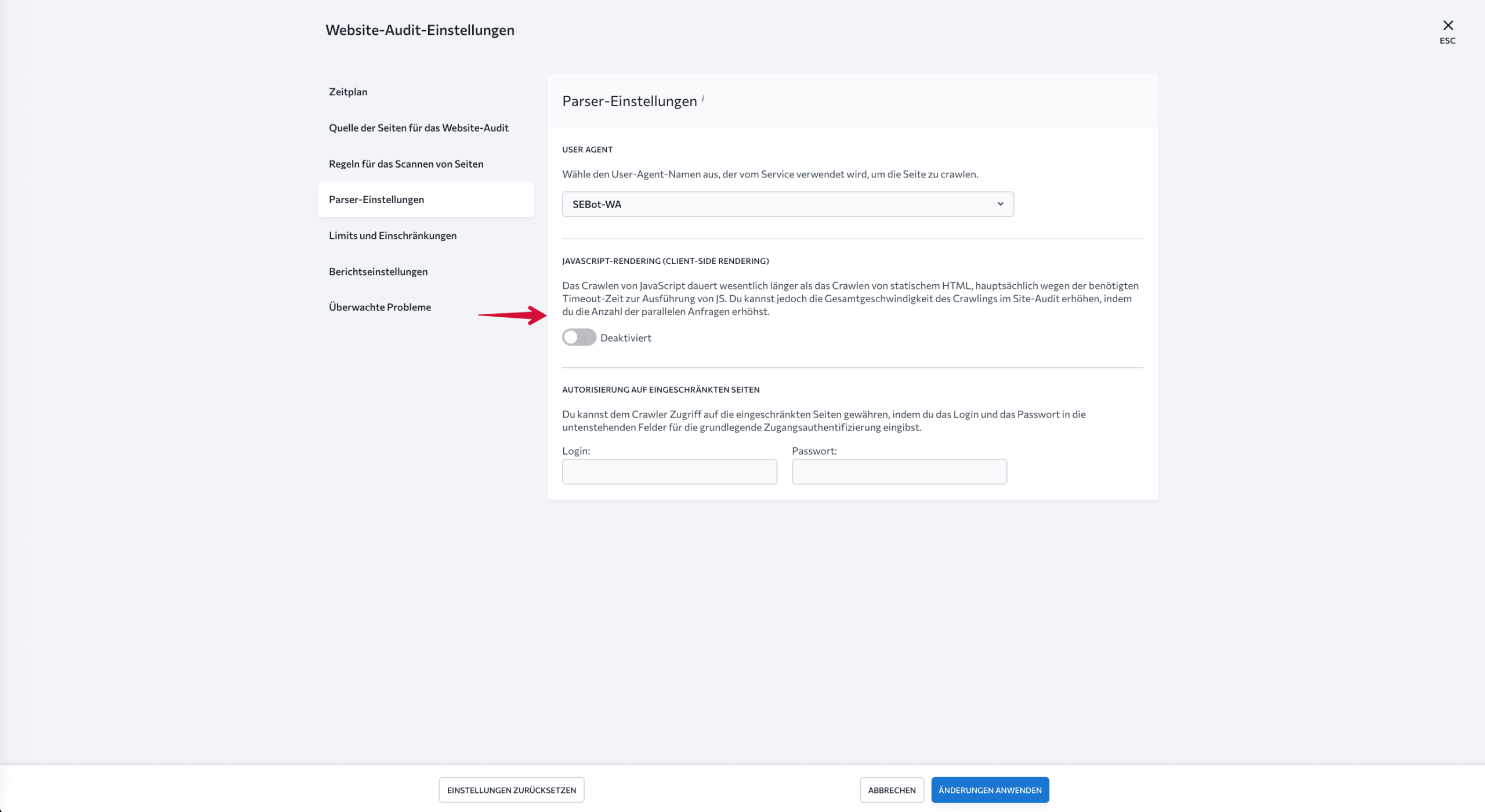 Client-side Rendering Einstellungen
