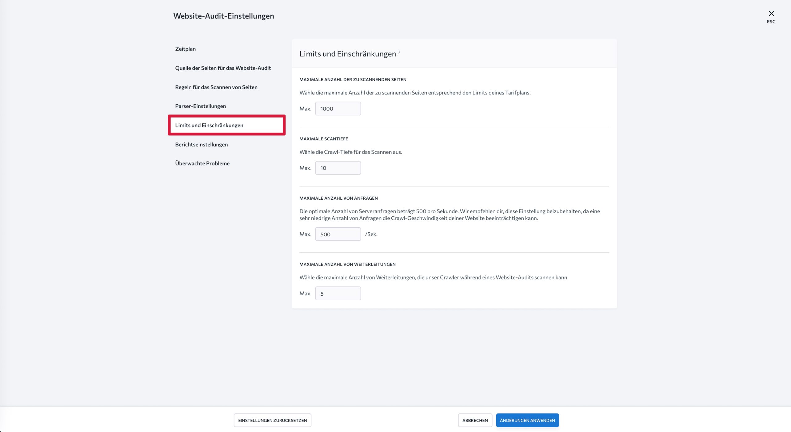 Audit-Limits und Einschränkungen
