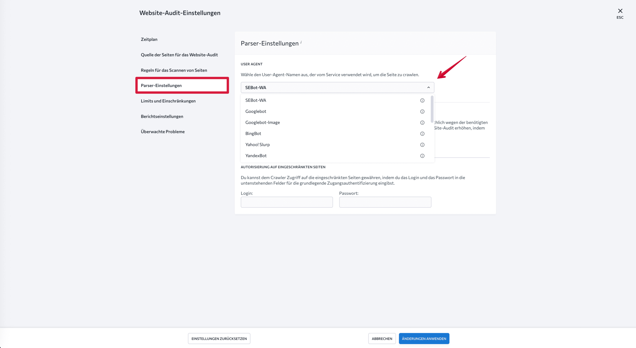 Audit-Parser-Einstellungen