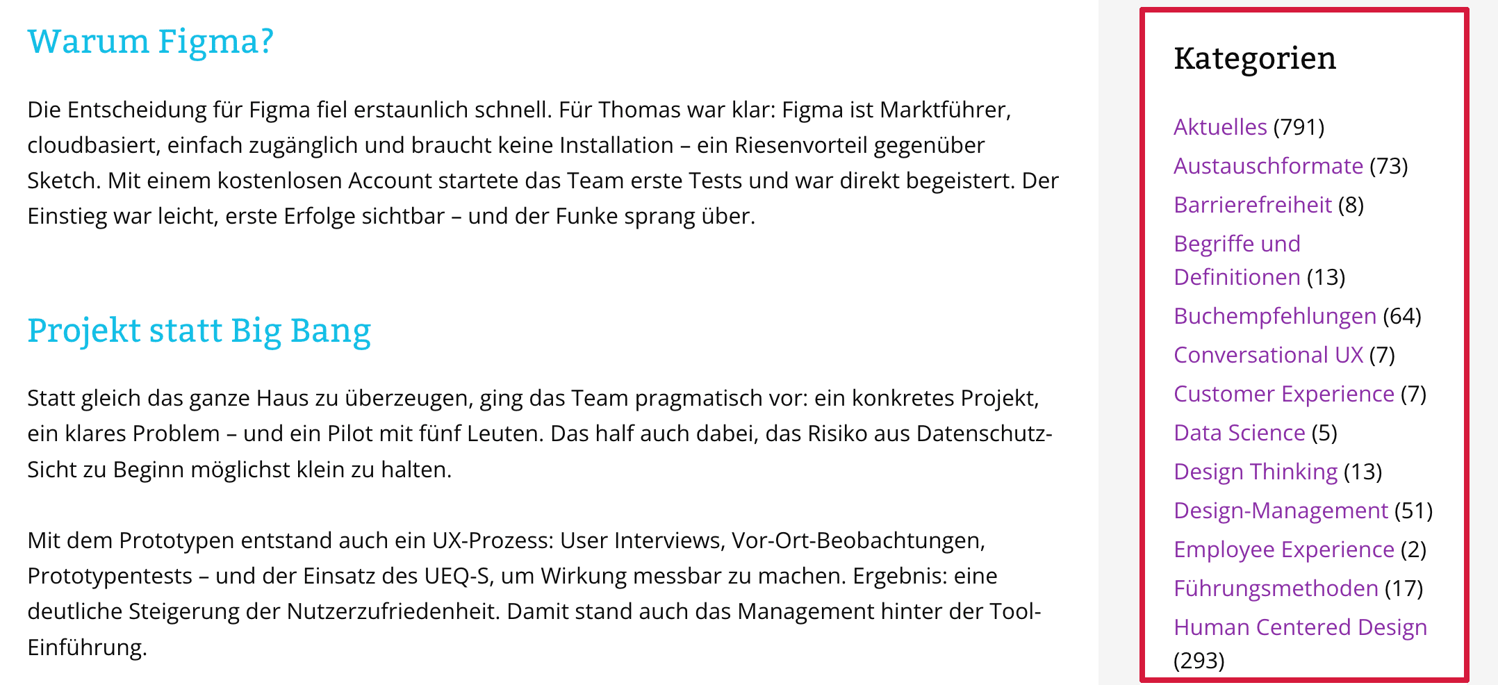Seitenleiste mit Links zu Blog-Kategorien