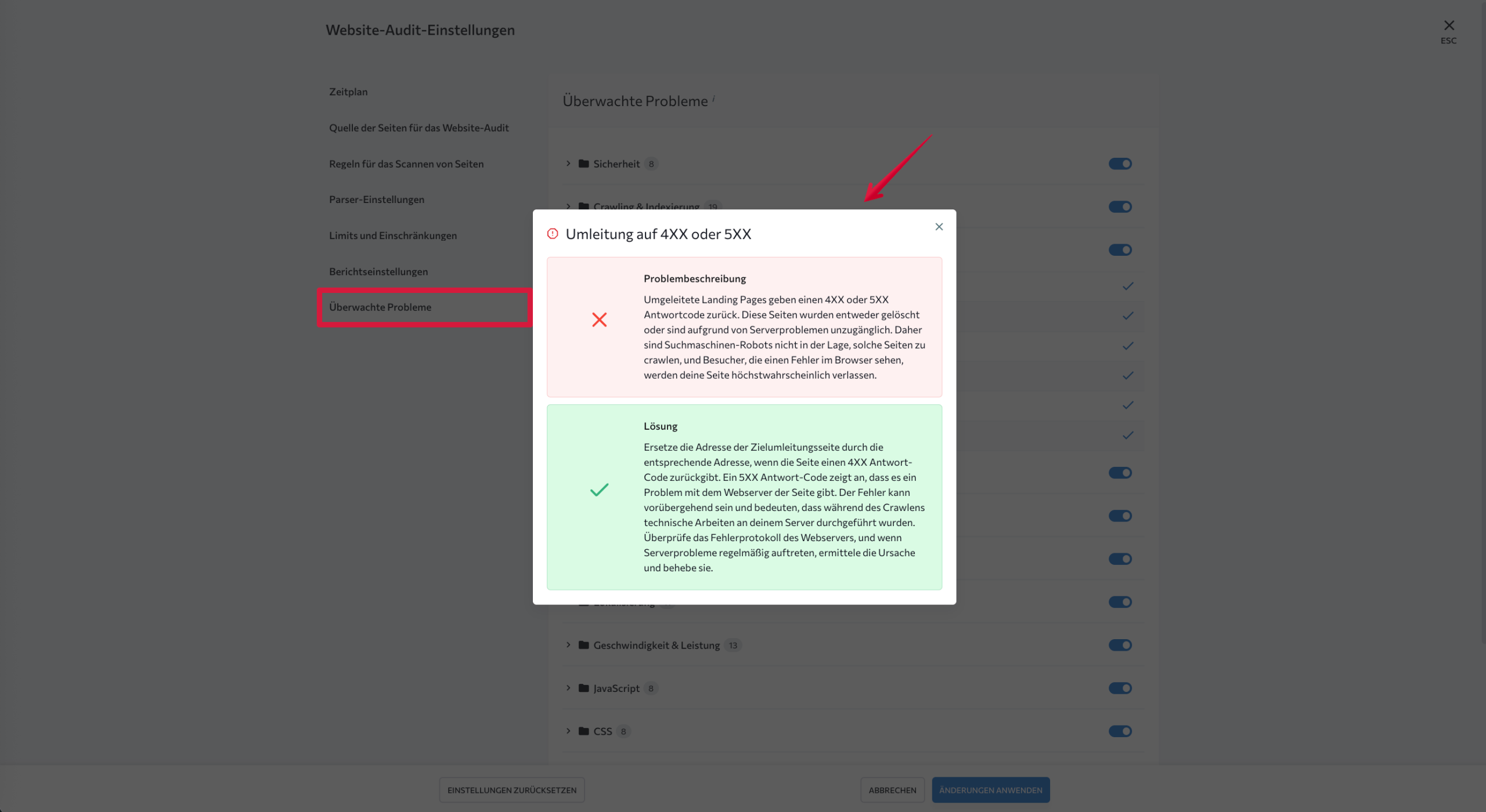 Problembeschreibung im Website Audit