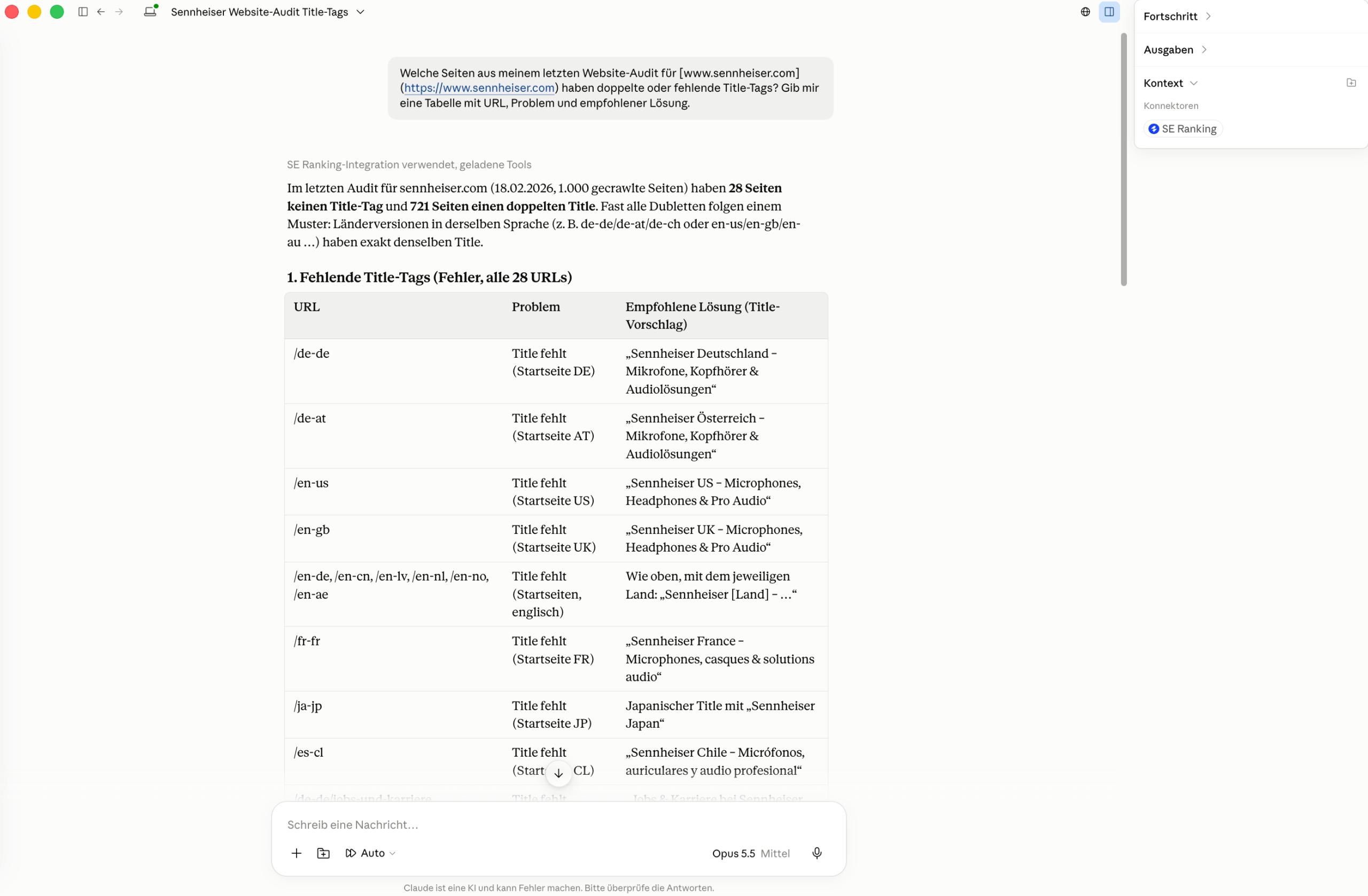 Audit-Daten per MCP-Server abfragen KI-Assistent beantwortet über den MCP-Server von SE Ranking eine Frage zu fehlenden Title-Tags im Website-Audit