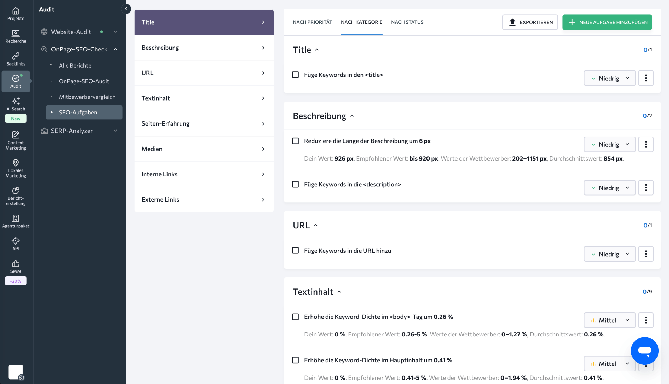 SEO-Aufgaben im OnPage-SEO-Check Liste der SEO-Aufgaben im OnPage-SEO-Check von SE Ranking, sortiert nach Priorität und Status