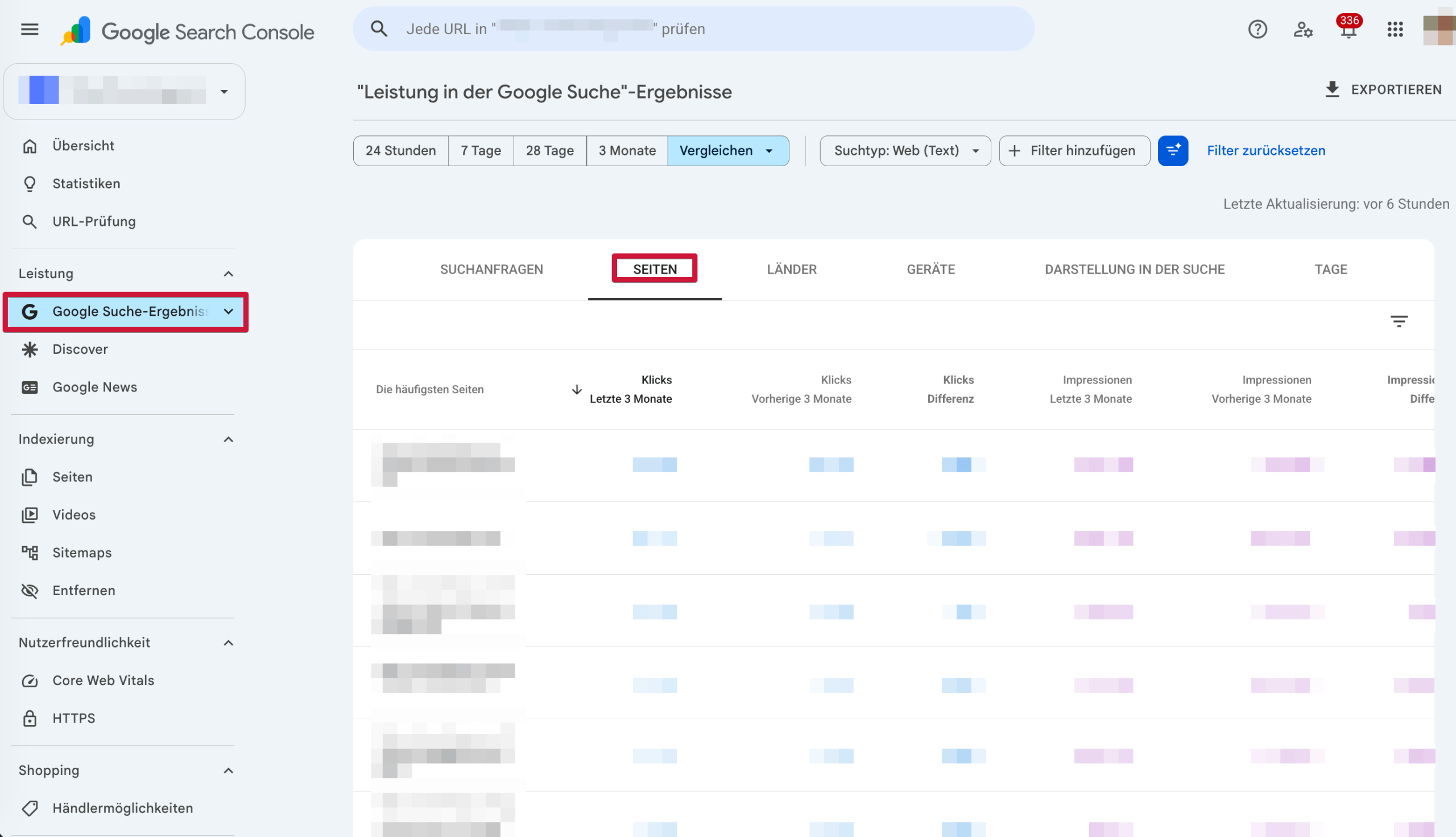 Leistungsbericht der Search Console im Zeitvergleich Leistungsbericht der Google Search Console mit Klicks, Impressionen und Klickrate pro Seite im Zeitvergleich