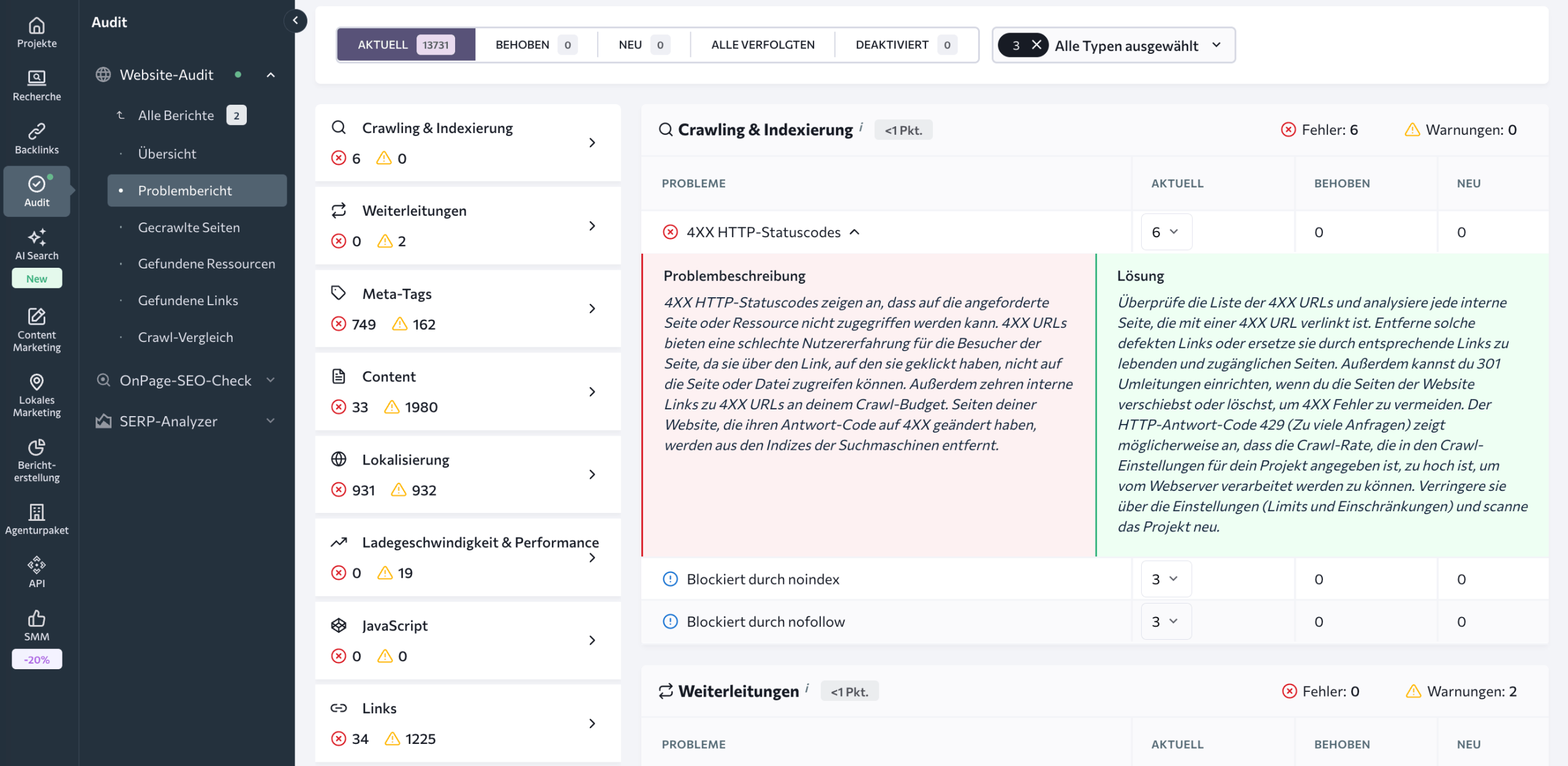 Problembericht im Website-Audit Problembericht im Website-Audit von SE Ranking mit Problembeschreibung, Lösungsvorschlag und betroffenen URLs
