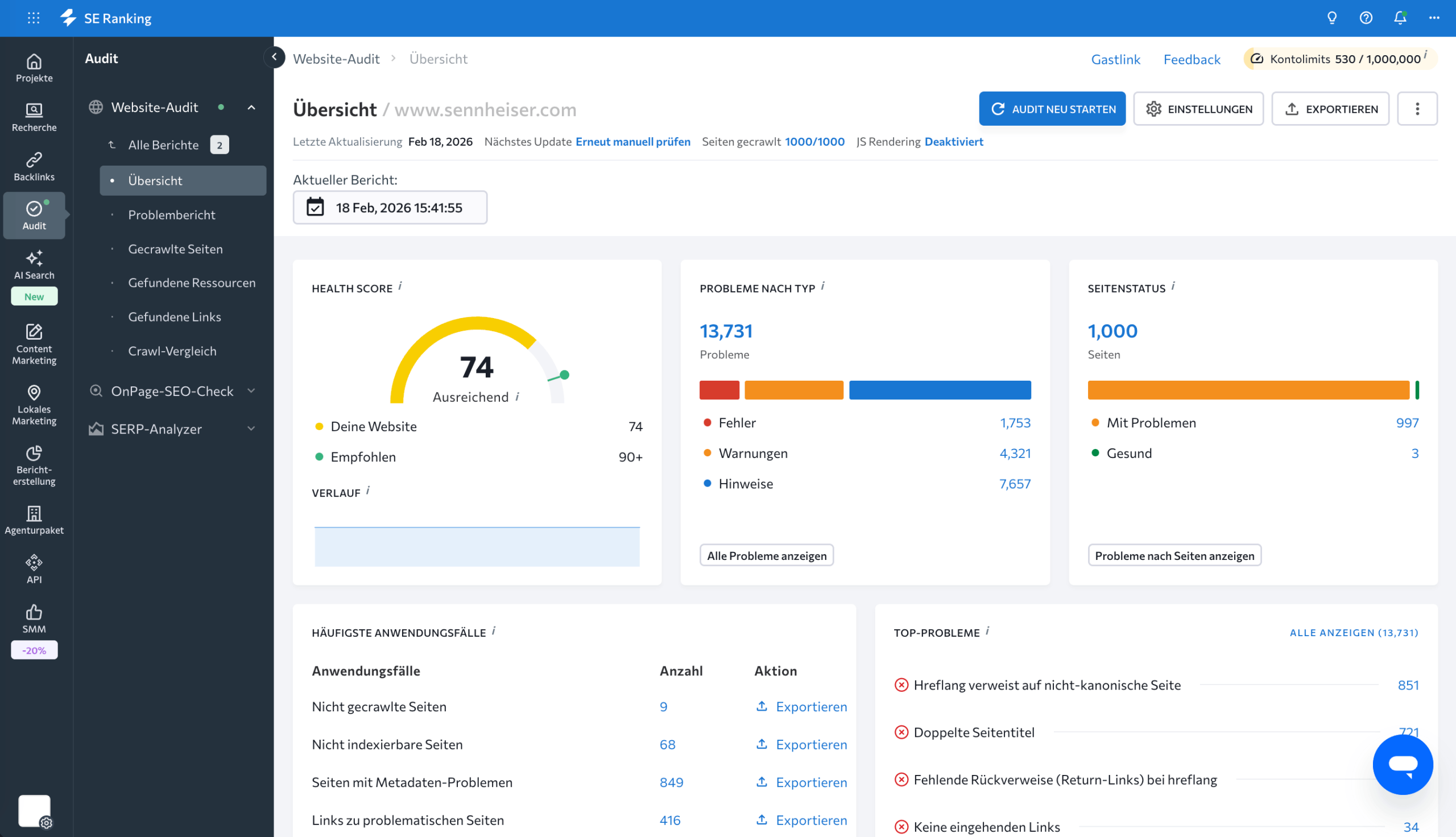 Übersicht im Website-Audit von SE Ranking Übersicht im Website-Audit von SE Ranking mit Zustand der Website, gecrawlten Seiten und Top-Problemen