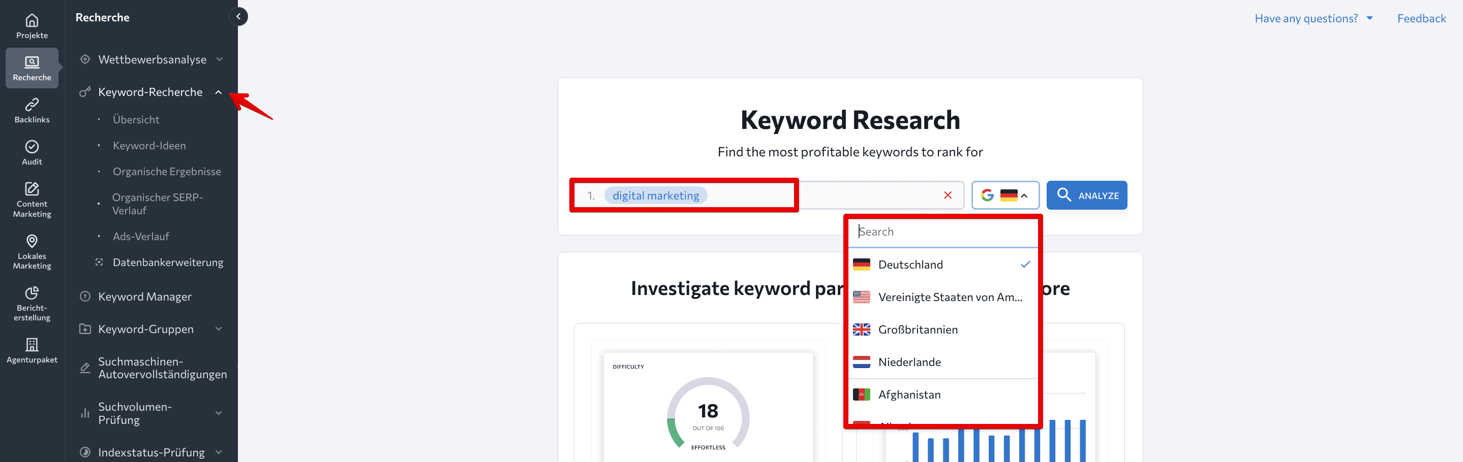 Homepage der Keyword-Recherche