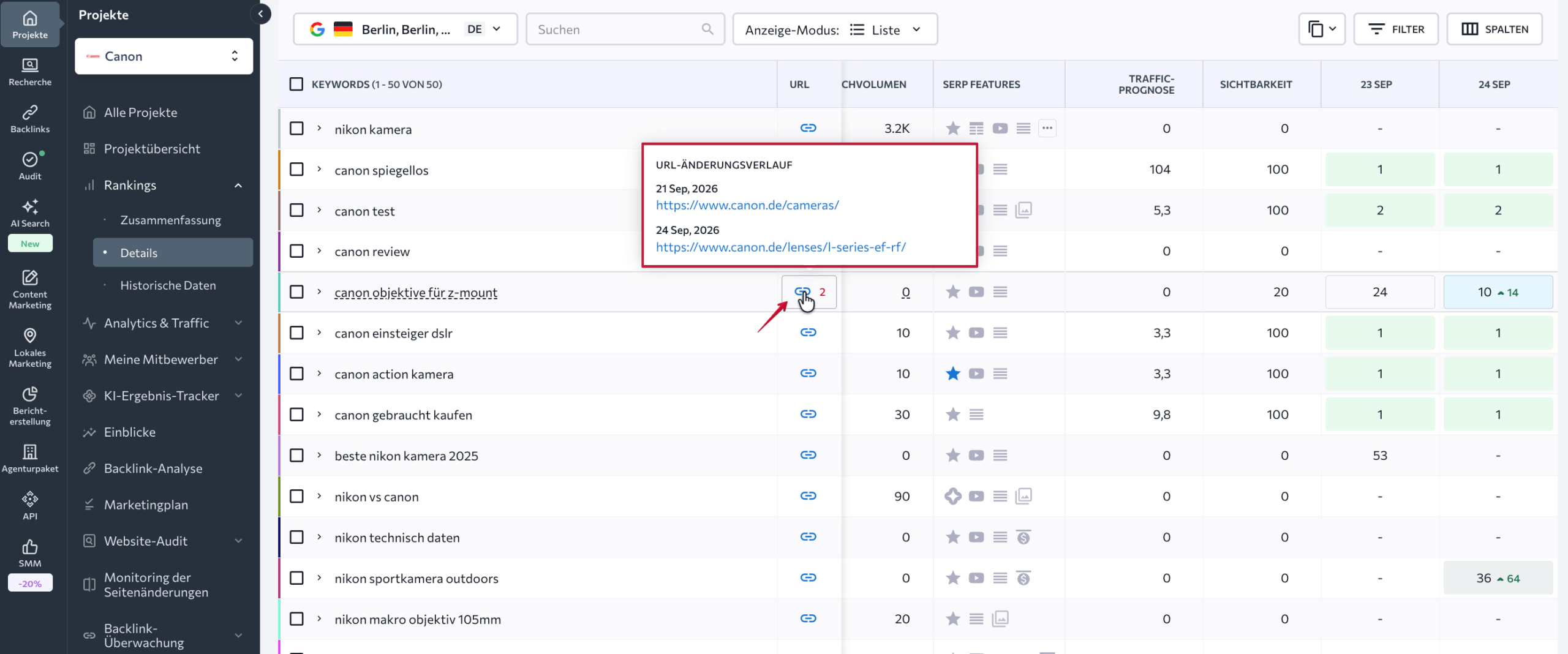 URLs competing for the same keyword Bericht „Details“ im Rank-Tracker von SE Ranking mit rankenden URLs und Ziel-URL je Keyword