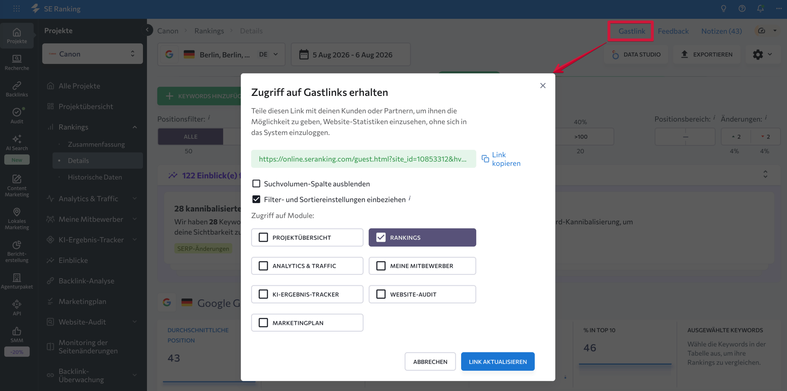 Option zum Teilen per Gast-Link in SE Ranking Option für Gast-Links in SE Ranking