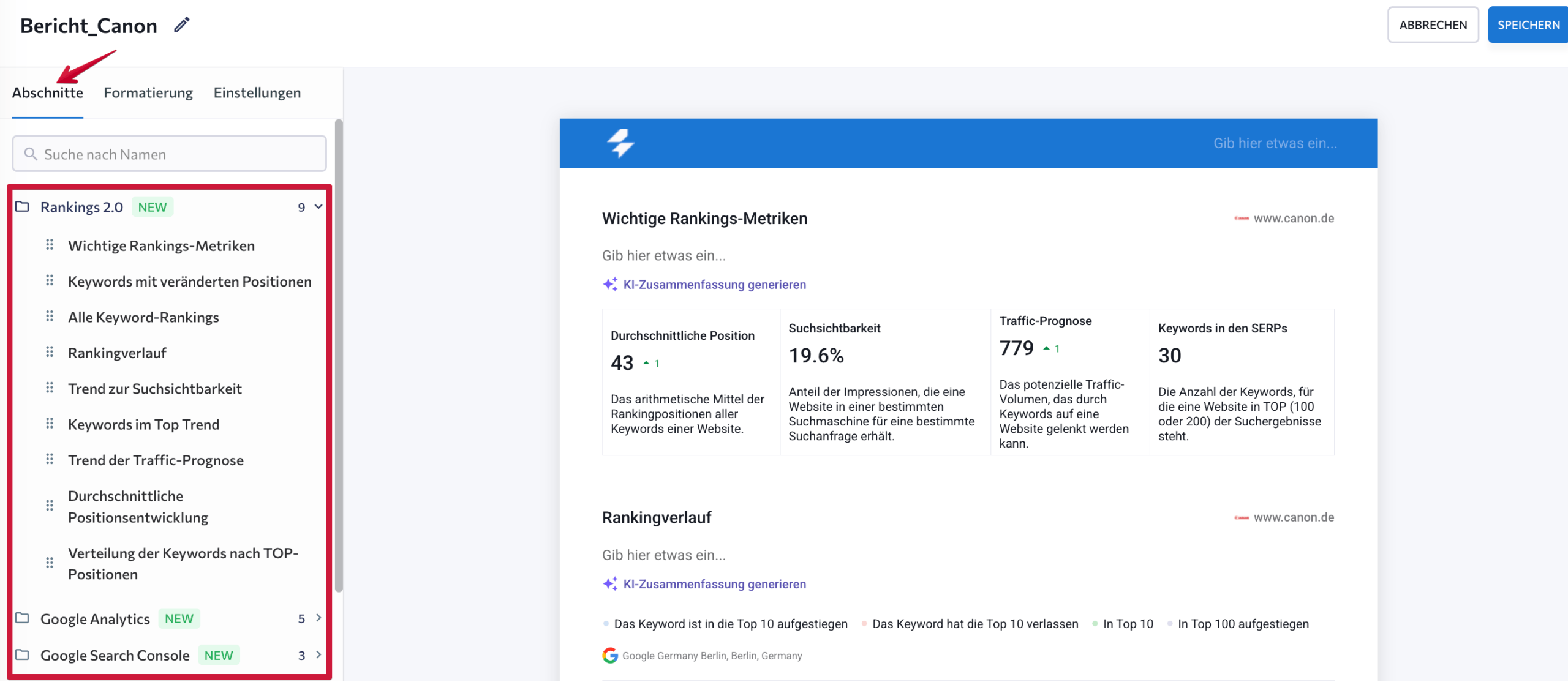 Abschnitte in SE Rankings Berichterstellung Abschnitte für Berichte in SE Ranking