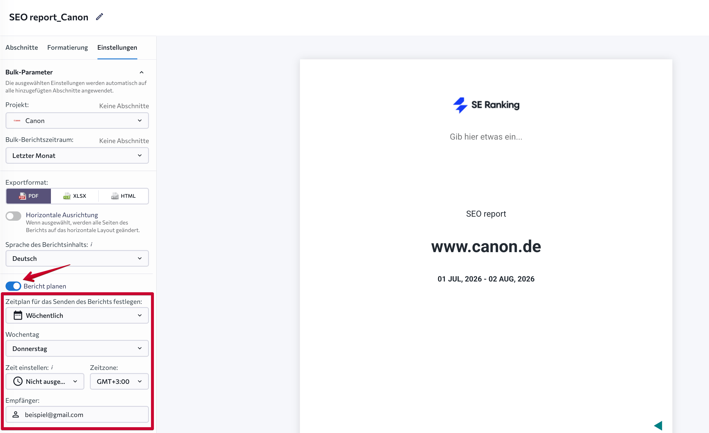 Einstellungen zur Zeitplanung von Berichten in SE Ranking Zeitplanung für Berichte in SE Ranking